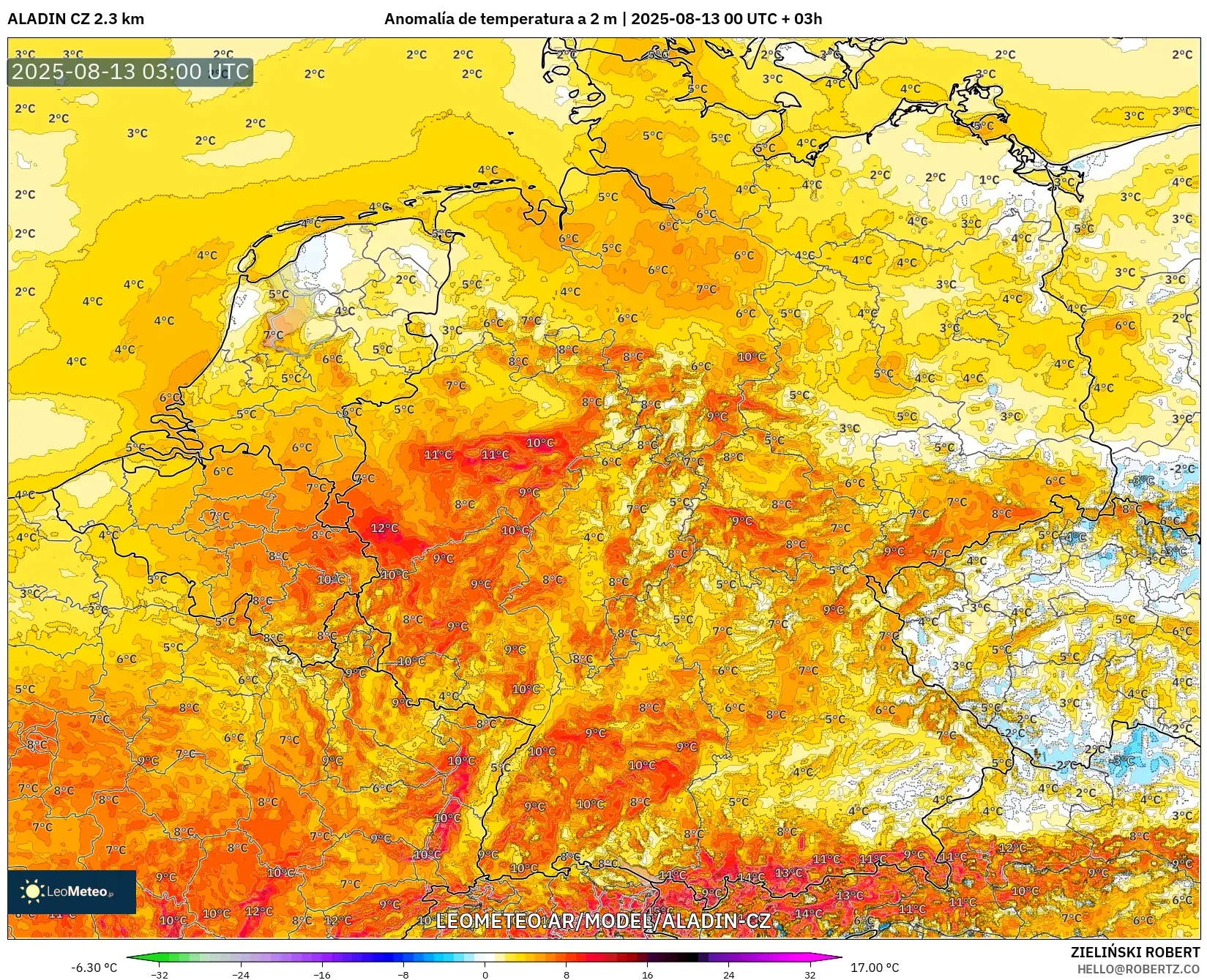 ALADIN CZ 2.3 km model - Alemania, Anomalía de temperatura a 2 m