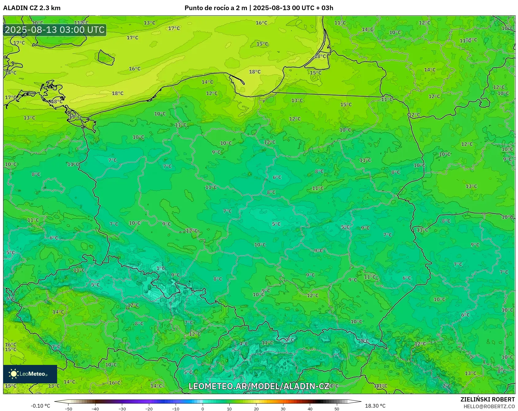 ALADIN CZ 2.3 km model - Polonia, Punto de rocío a 2 m ALADIN CZ 2.3 km model - Polonia, Punto de rocío a 2 m