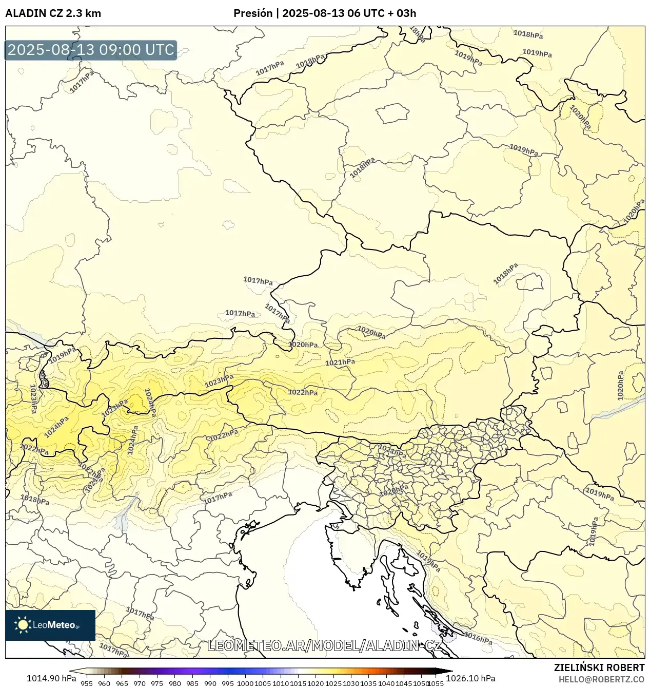 ALADIN CZ 2.3 km model - Austria, Presión ALADIN CZ 2.3 km model - Austria, Presión