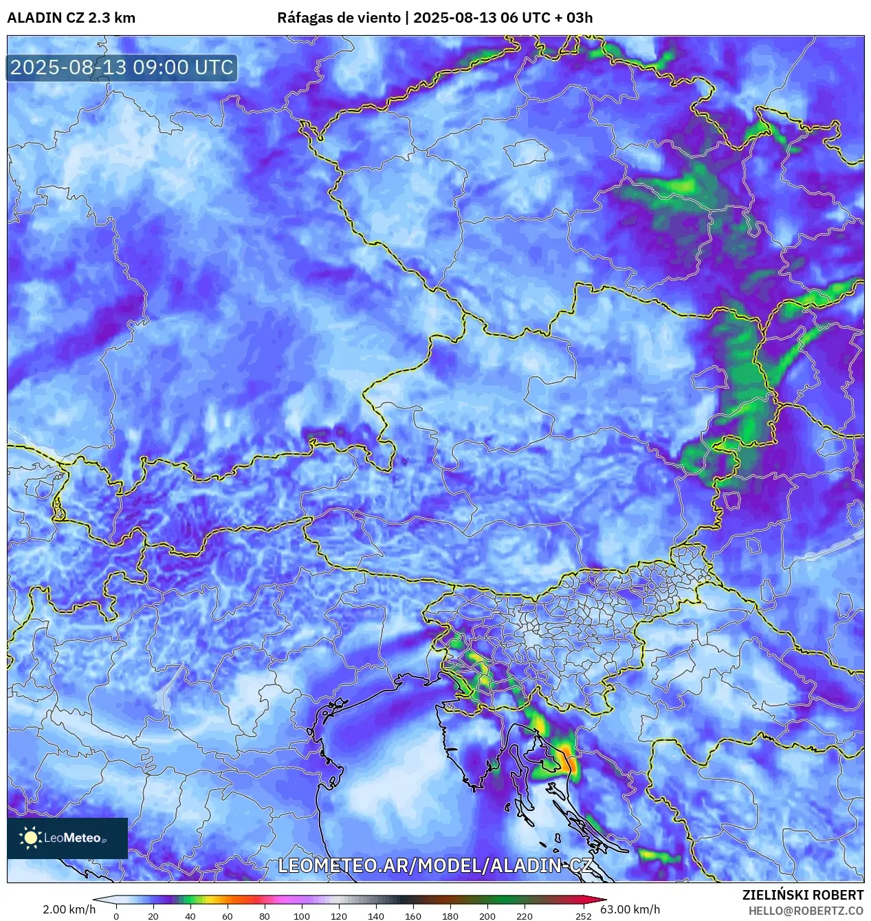 ALADIN CZ 2.3 km model - Austria, Ráfagas de viento