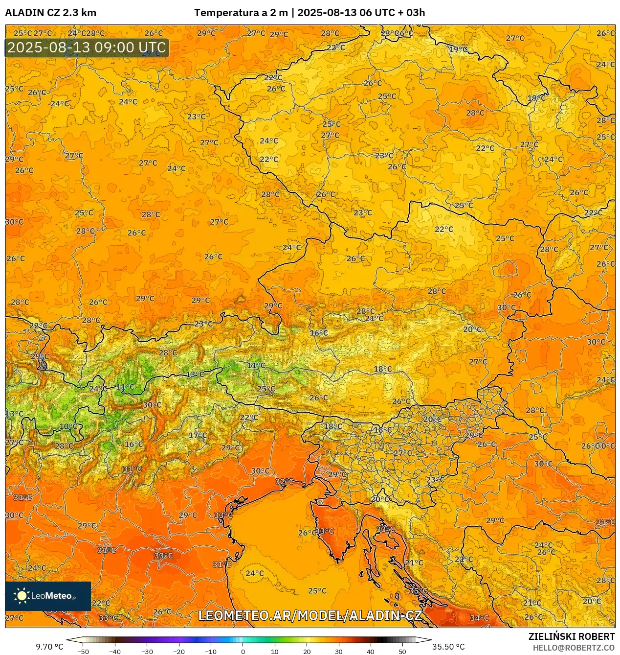 ALADIN CZ 2.3 km model - Austria, Temperatura a 2 m ALADIN CZ 2.3 km model - Austria, Temperatura a 2 m