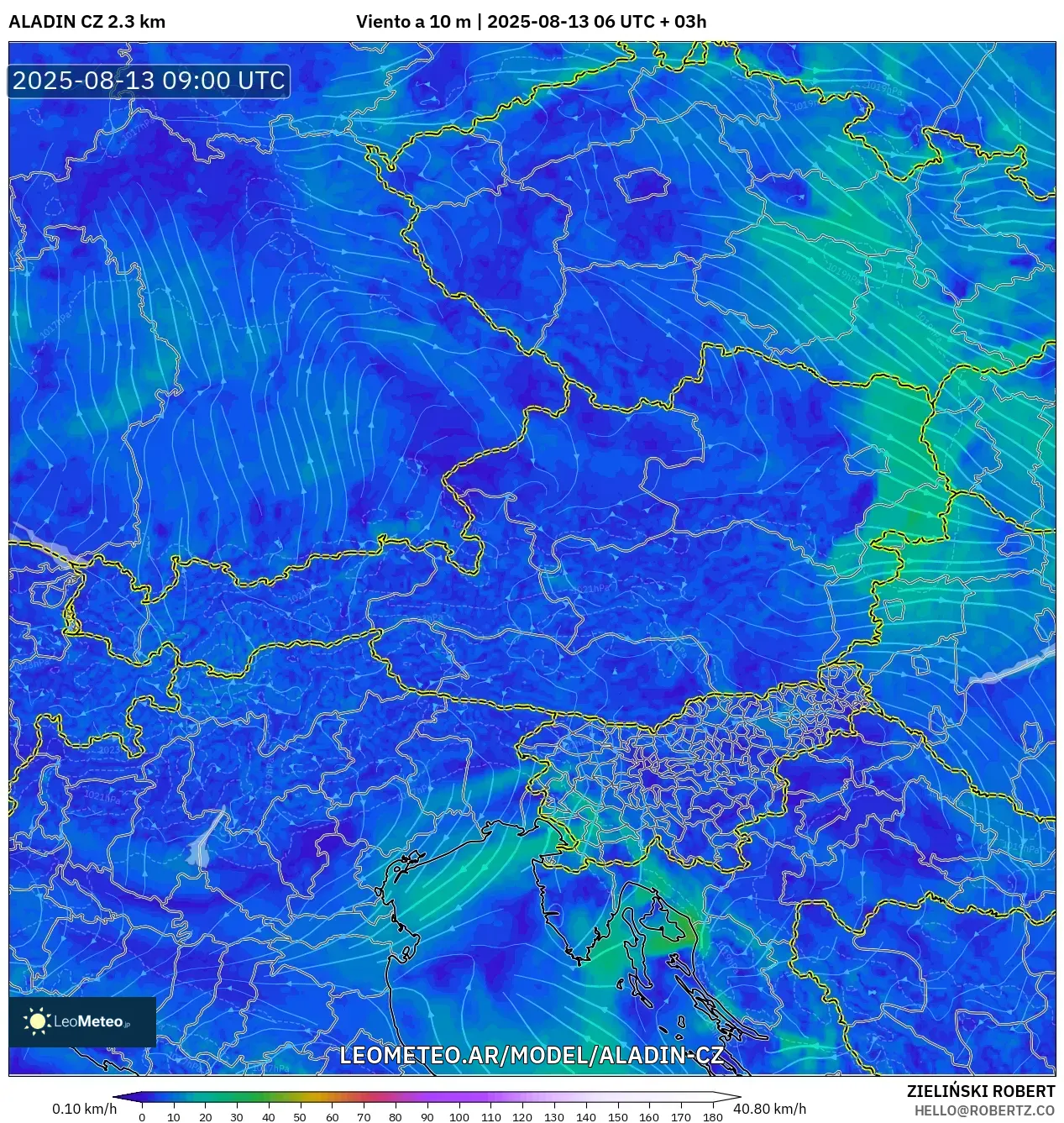 ALADIN CZ 2.3 km model - Austria, Viento a 10 m ALADIN CZ 2.3 km model - Austria, Viento a 10 m