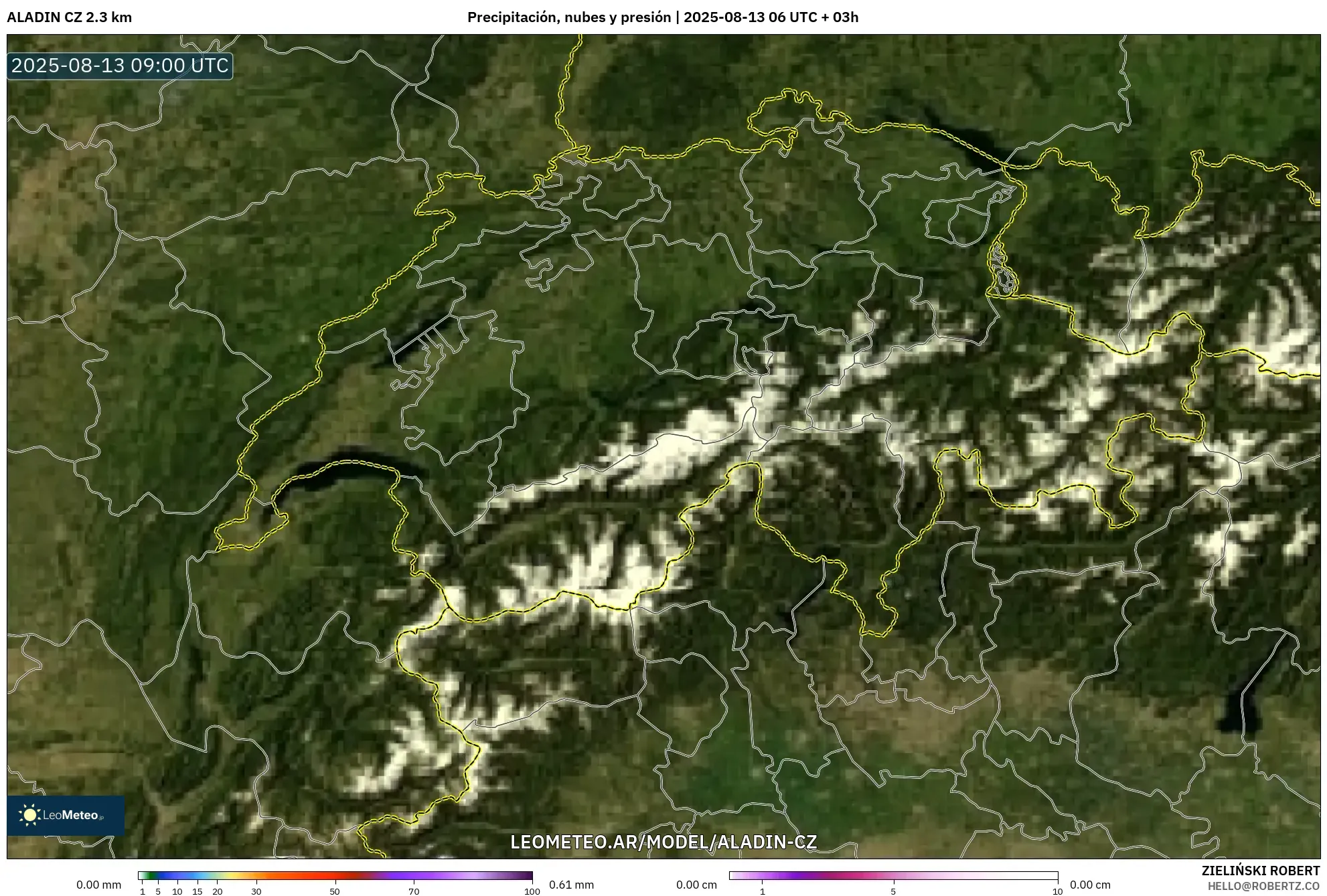 ALADIN CZ 2.3 km model - Suiza, Precipitación, nubes y presión ALADIN CZ 2.3 km model - Suiza, Precipitación, nubes y presión