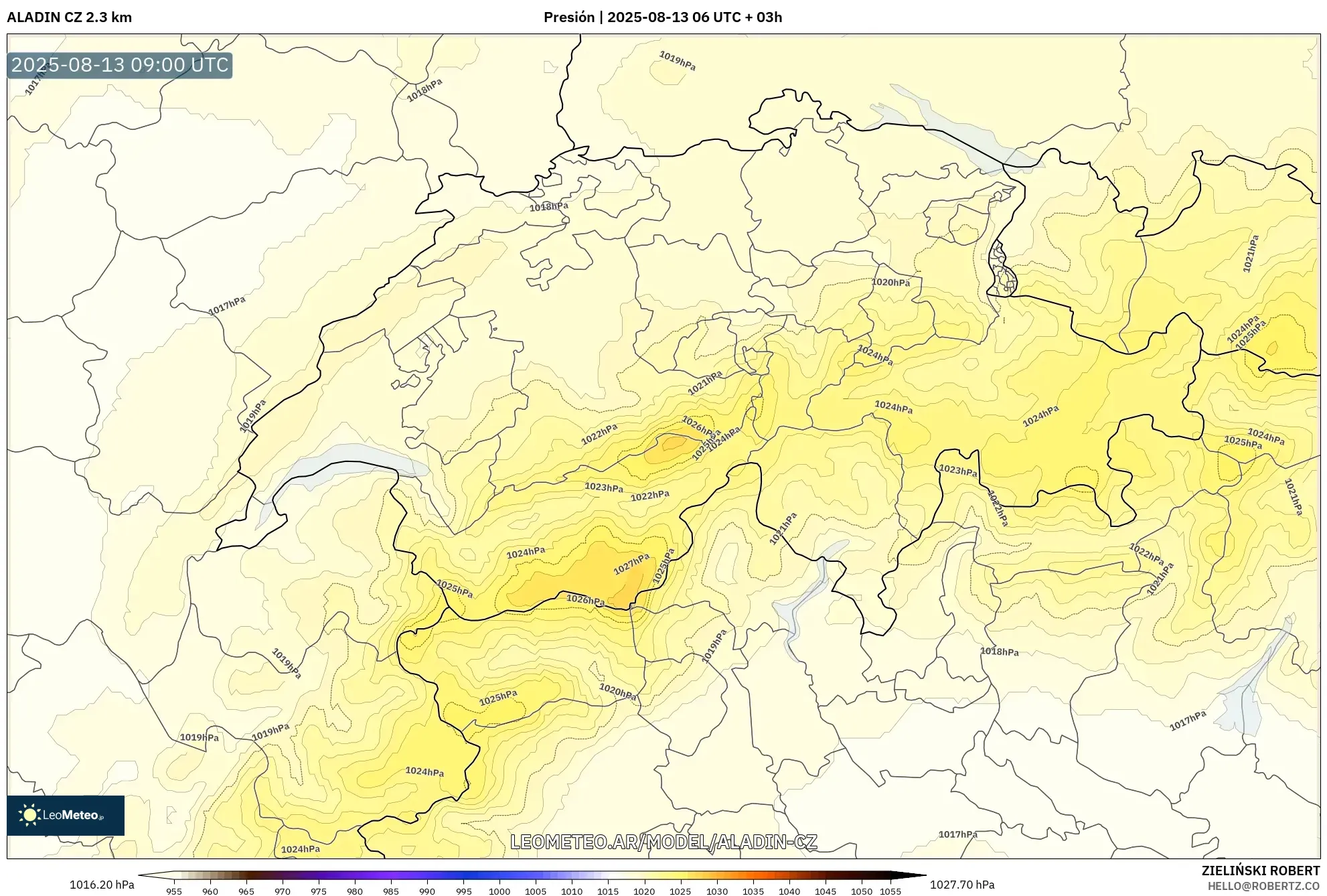 ALADIN CZ 2.3 km model - Suiza, Presión ALADIN CZ 2.3 km model - Suiza, Presión