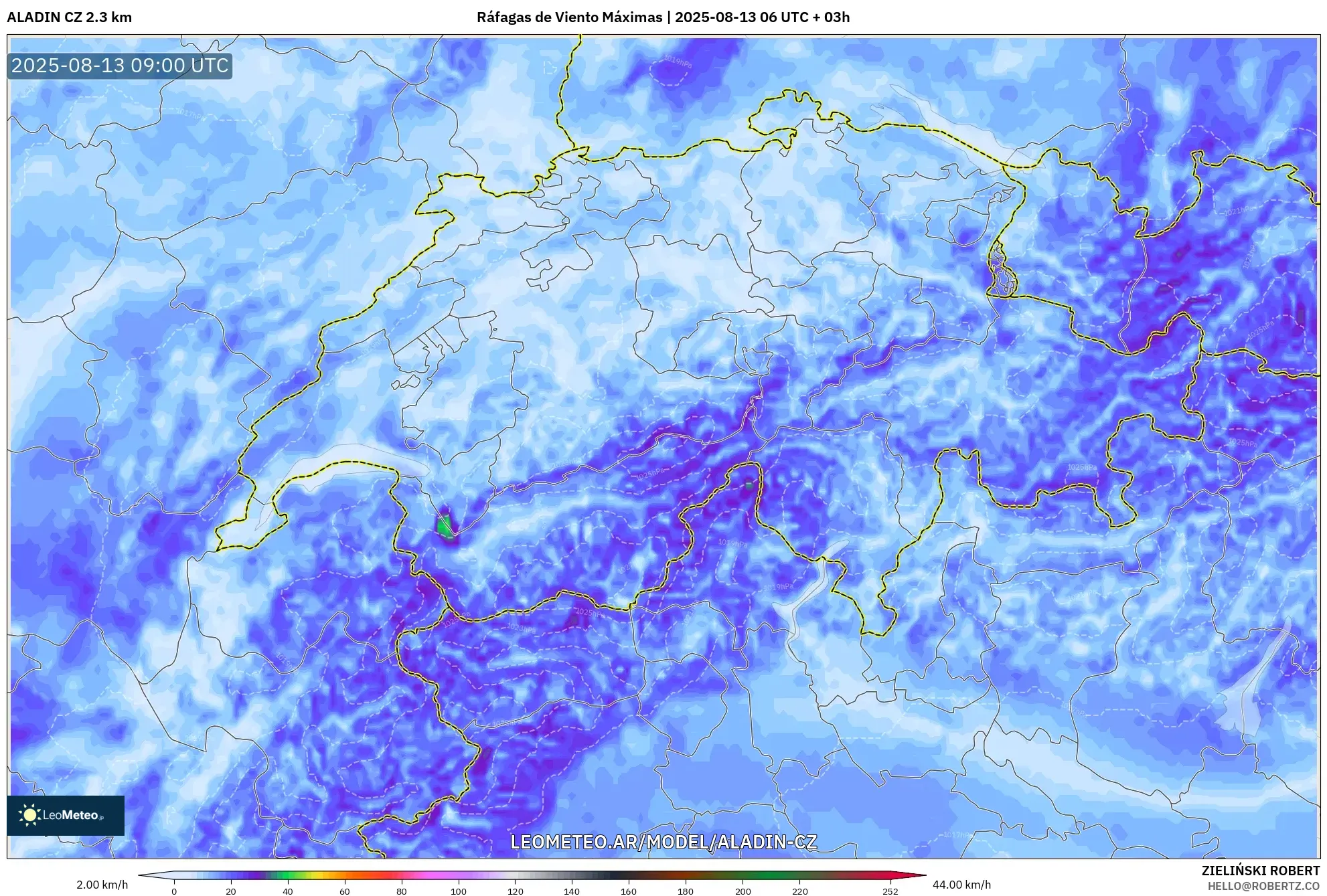 ALADIN CZ 2.3 km model - Suiza, Ráfagas de Viento Máximas ALADIN CZ 2.3 km model - Suiza, Ráfagas de Viento Máximas
