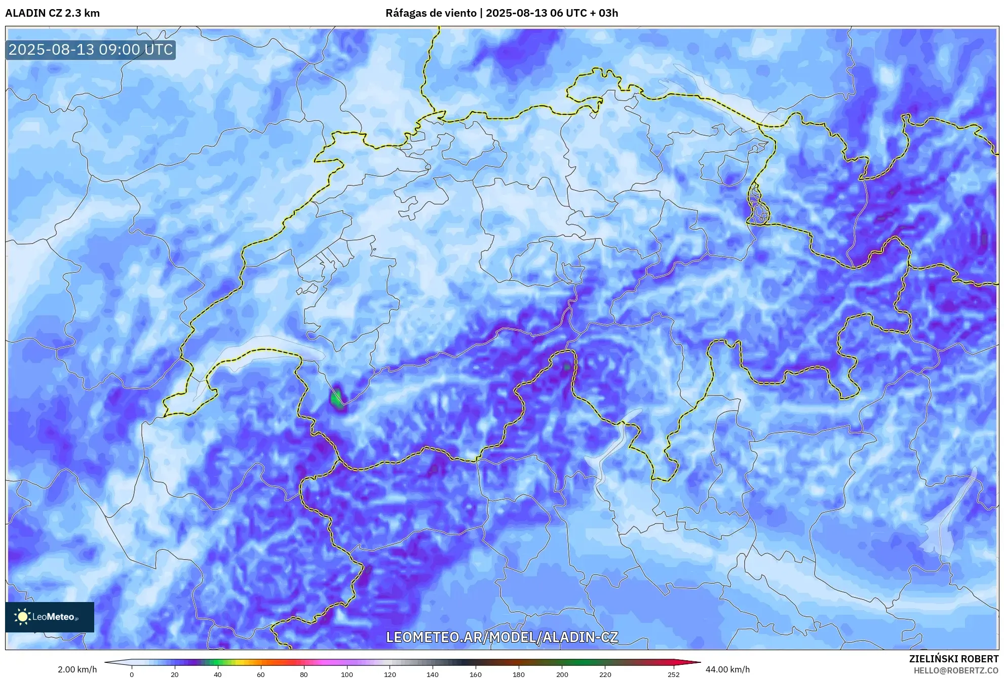 ALADIN CZ 2.3 km model - Suiza, Ráfagas de viento ALADIN CZ 2.3 km model - Suiza, Ráfagas de viento