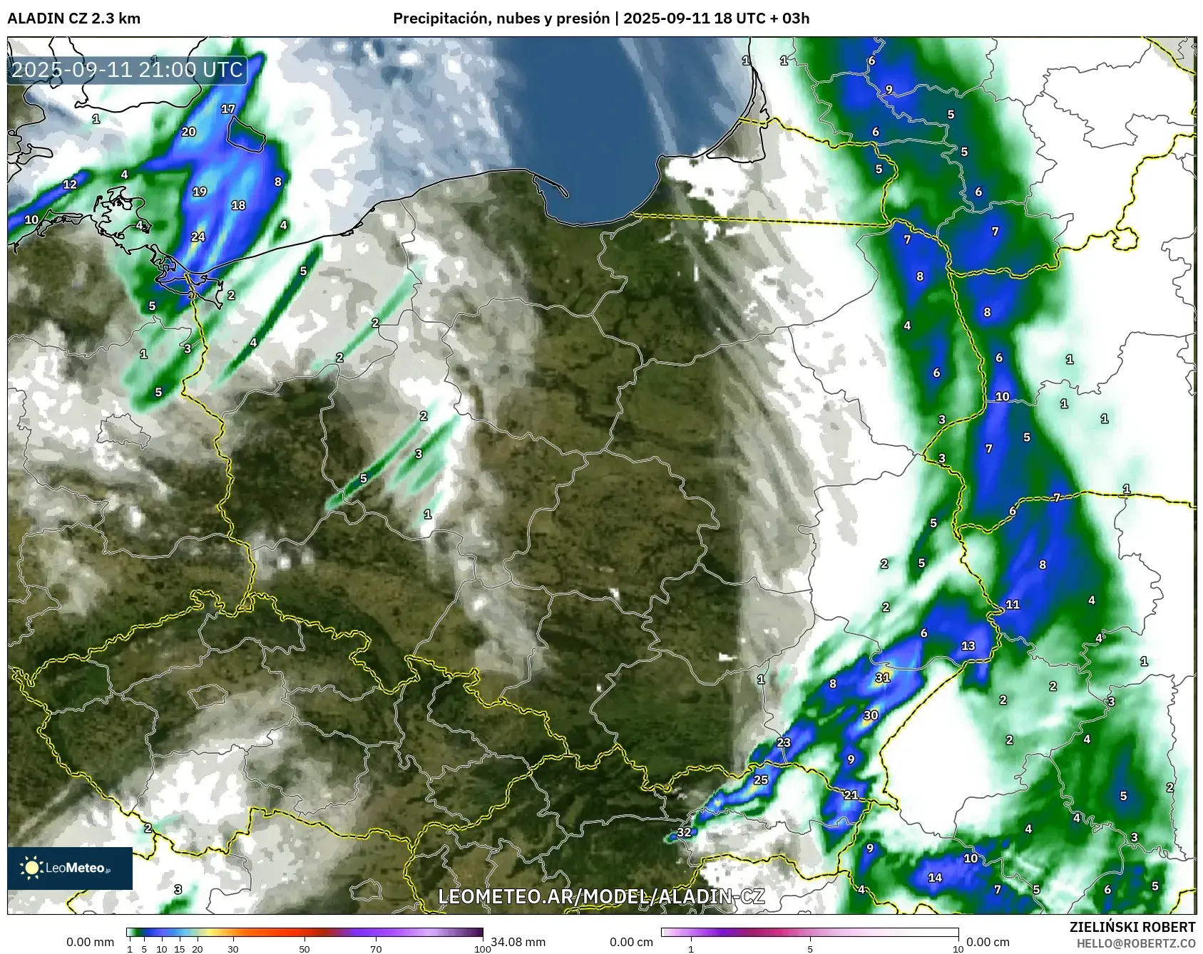 ALADIN CZ 2.3 km model - Polonia, Precipitación, nubes y presión
