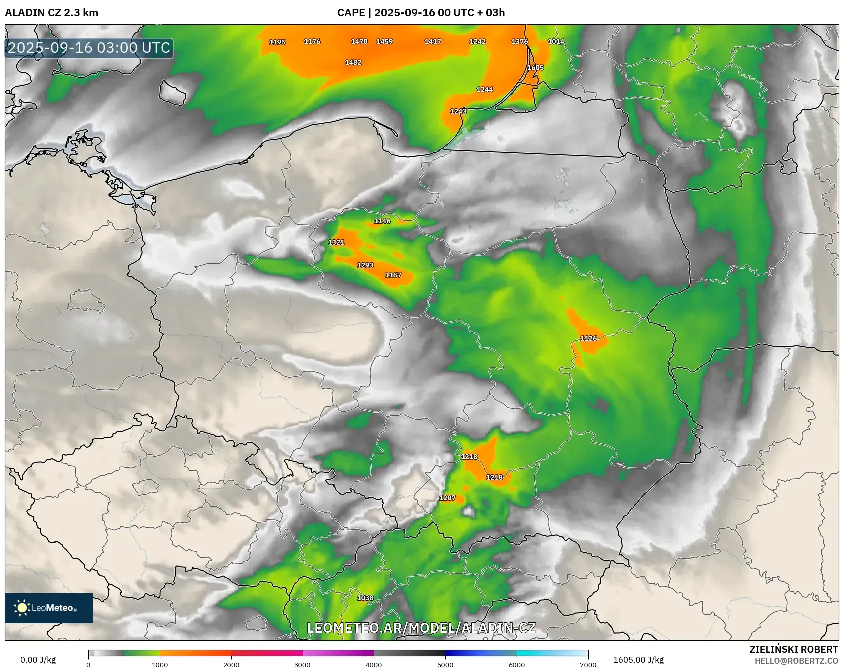 ALADIN CZ 2.3 km model - Polonia, CAPE