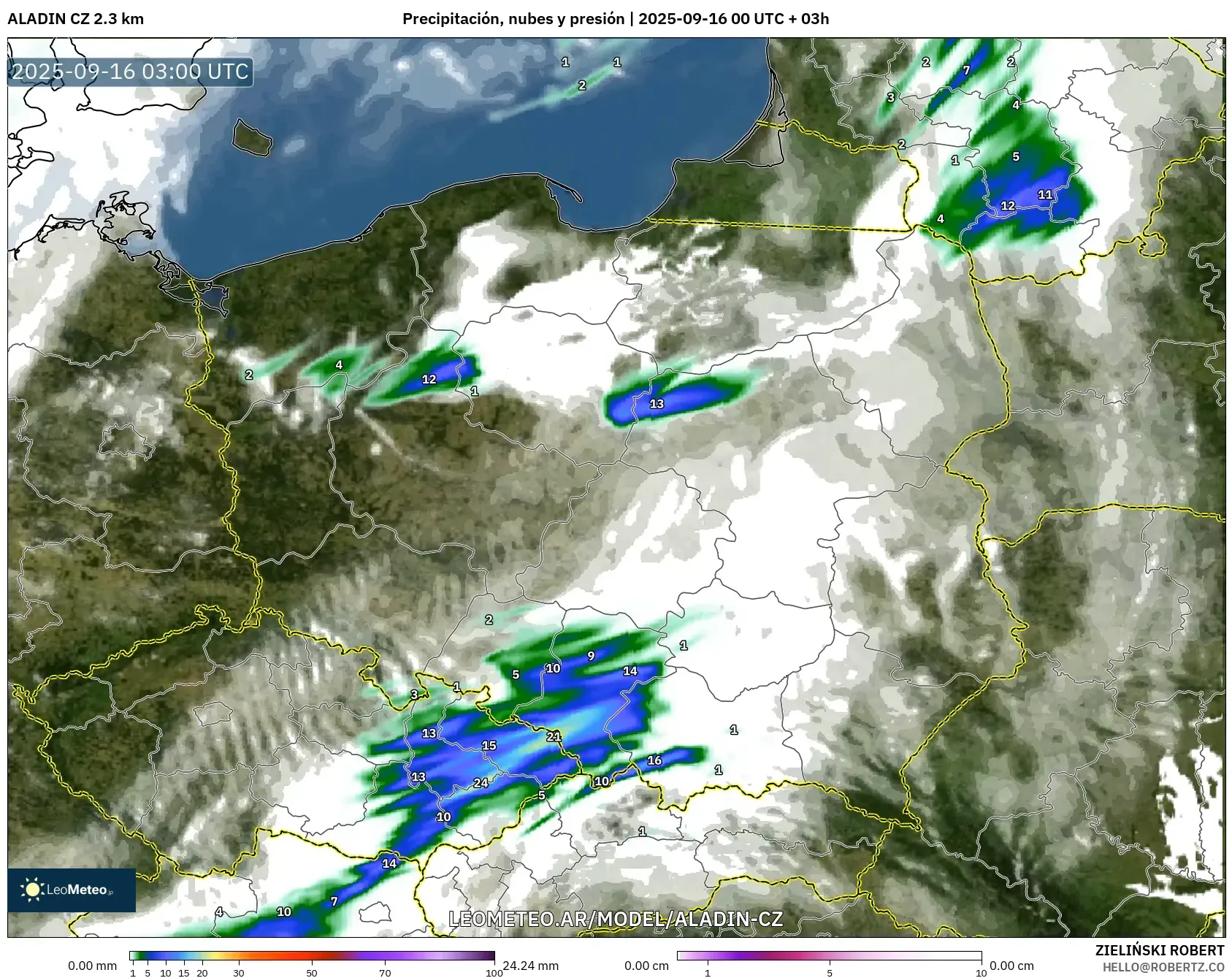ALADIN CZ 2.3 km model - Polonia, Precipitación, nubes y presión