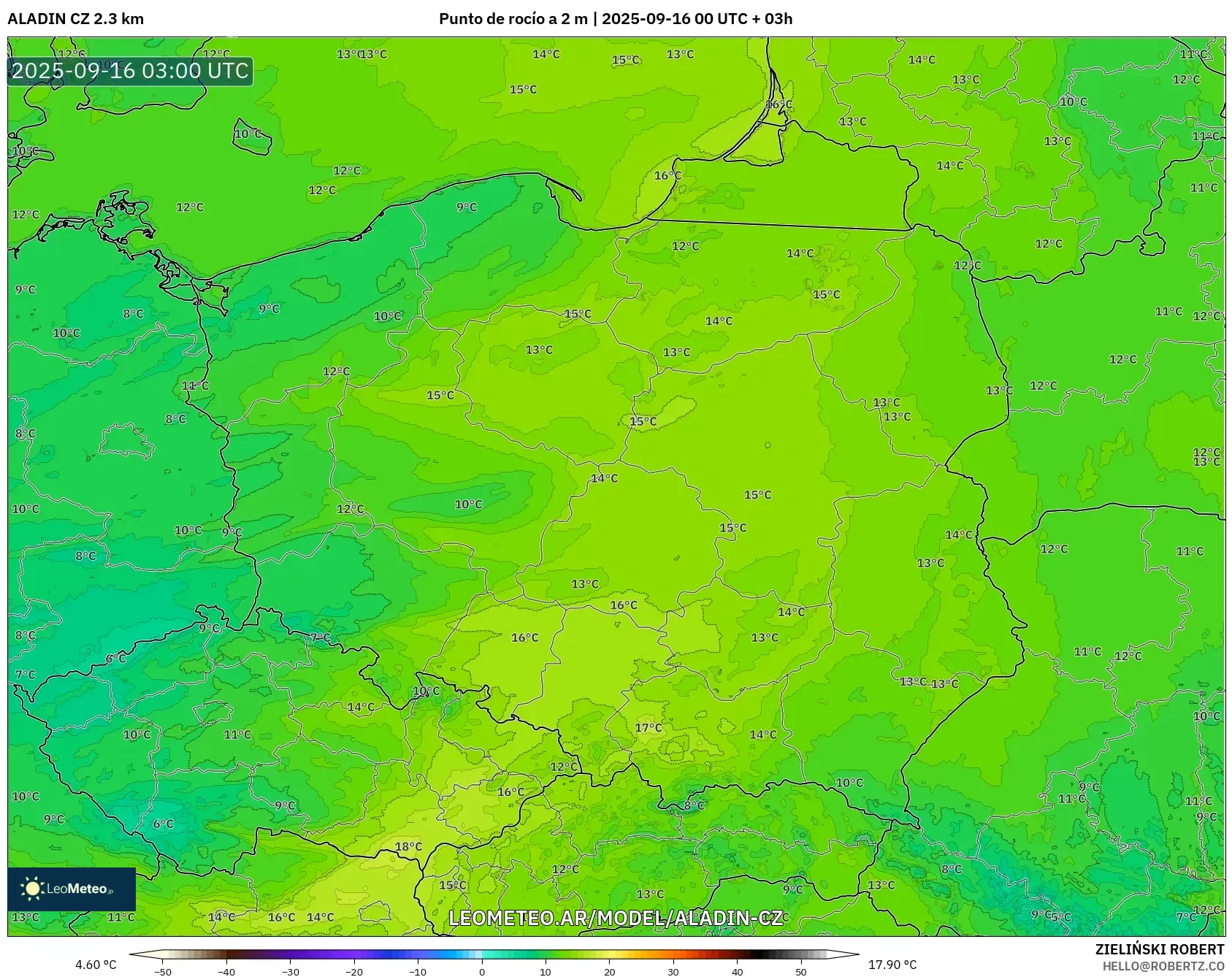 ALADIN CZ 2.3 km model - Polonia, Punto de rocío a 2 m ALADIN CZ 2.3 km model - Polonia, Punto de rocío a 2 m