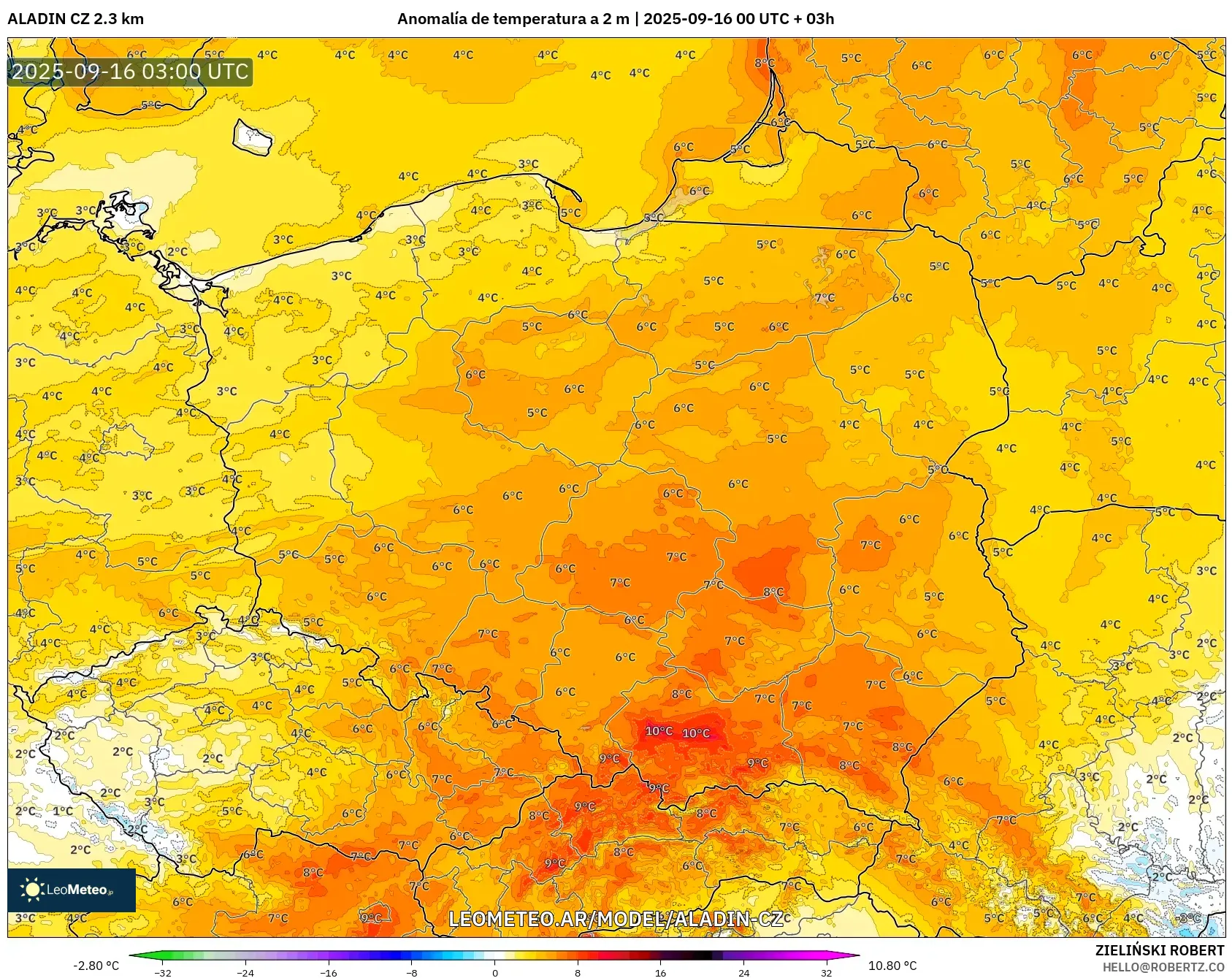 ALADIN CZ 2.3 km model - Polonia, Anomalía de temperatura a 2 m