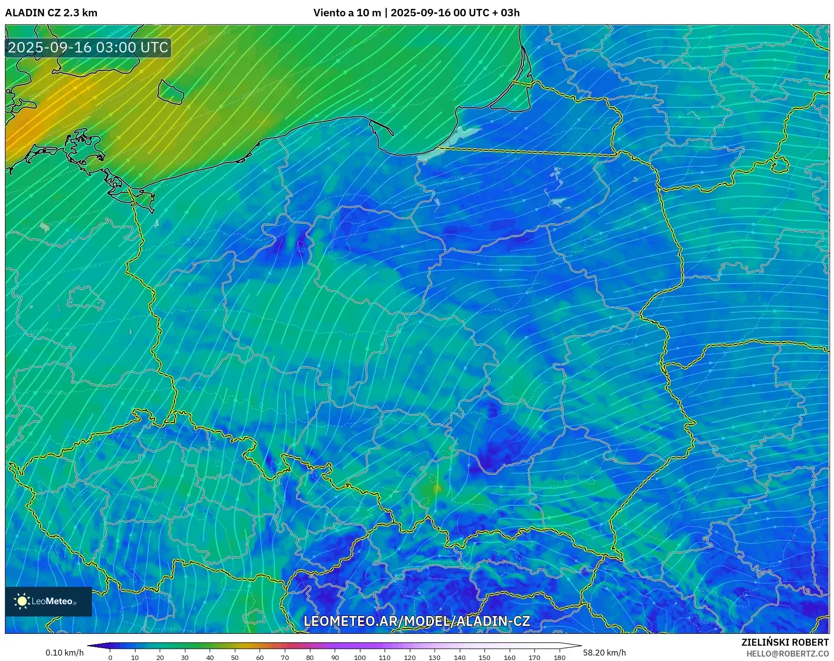 ALADIN CZ 2.3 km model - Polonia, Viento a 10 m