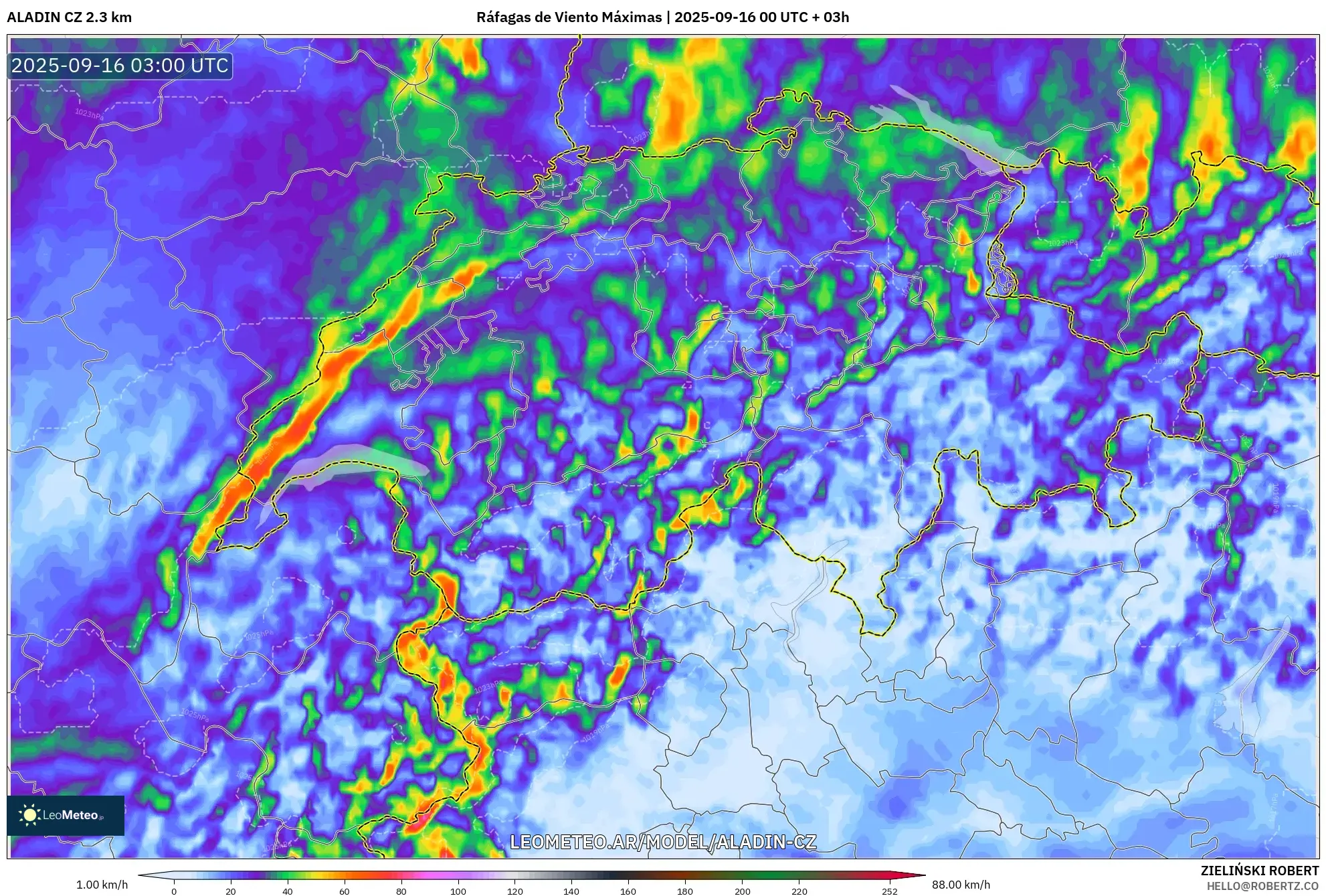 ALADIN CZ 2.3 km model - Suiza, Ráfagas de Viento Máximas