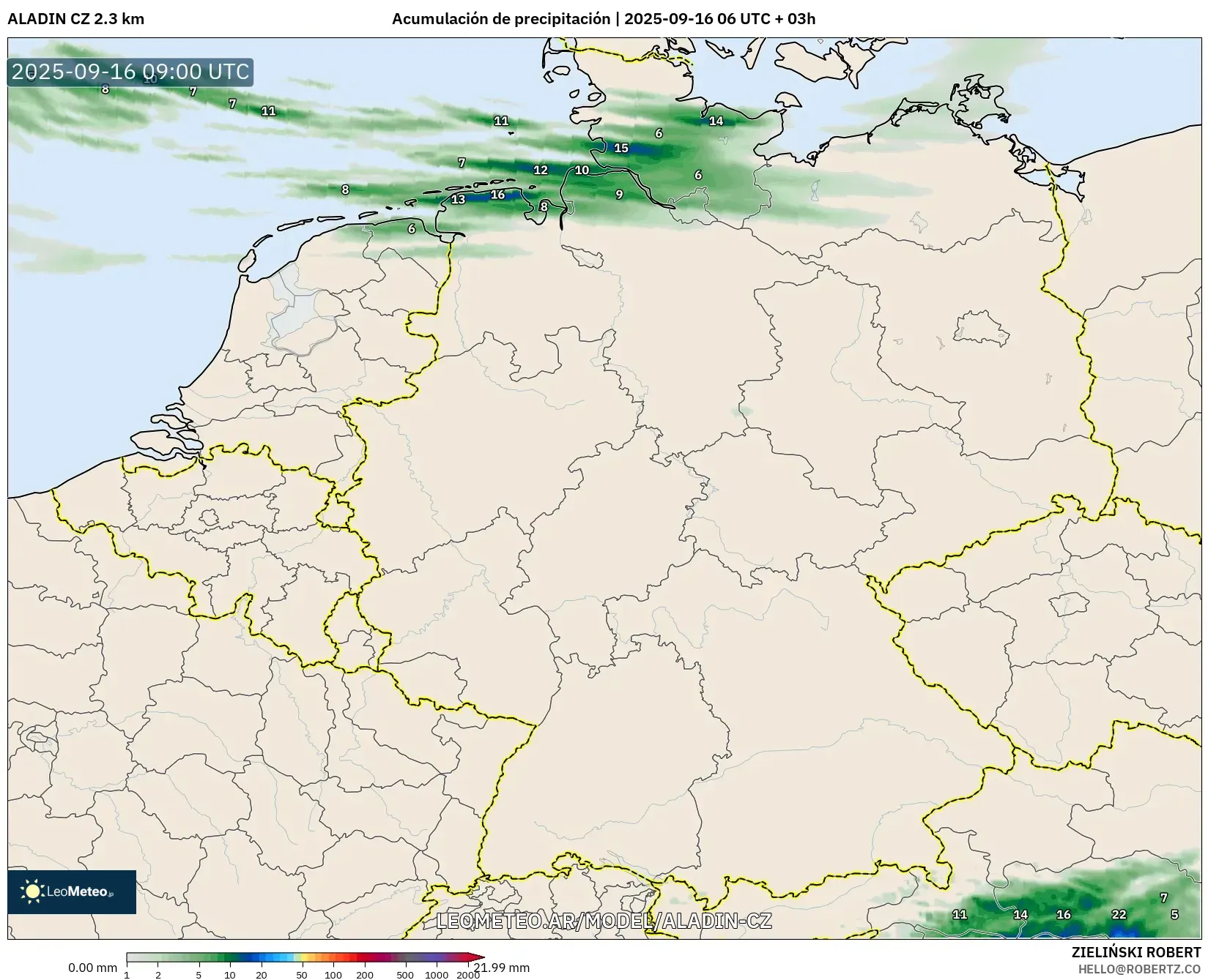 ALADIN CZ 2.3 km model - Alemania, Acumulación de precipitación