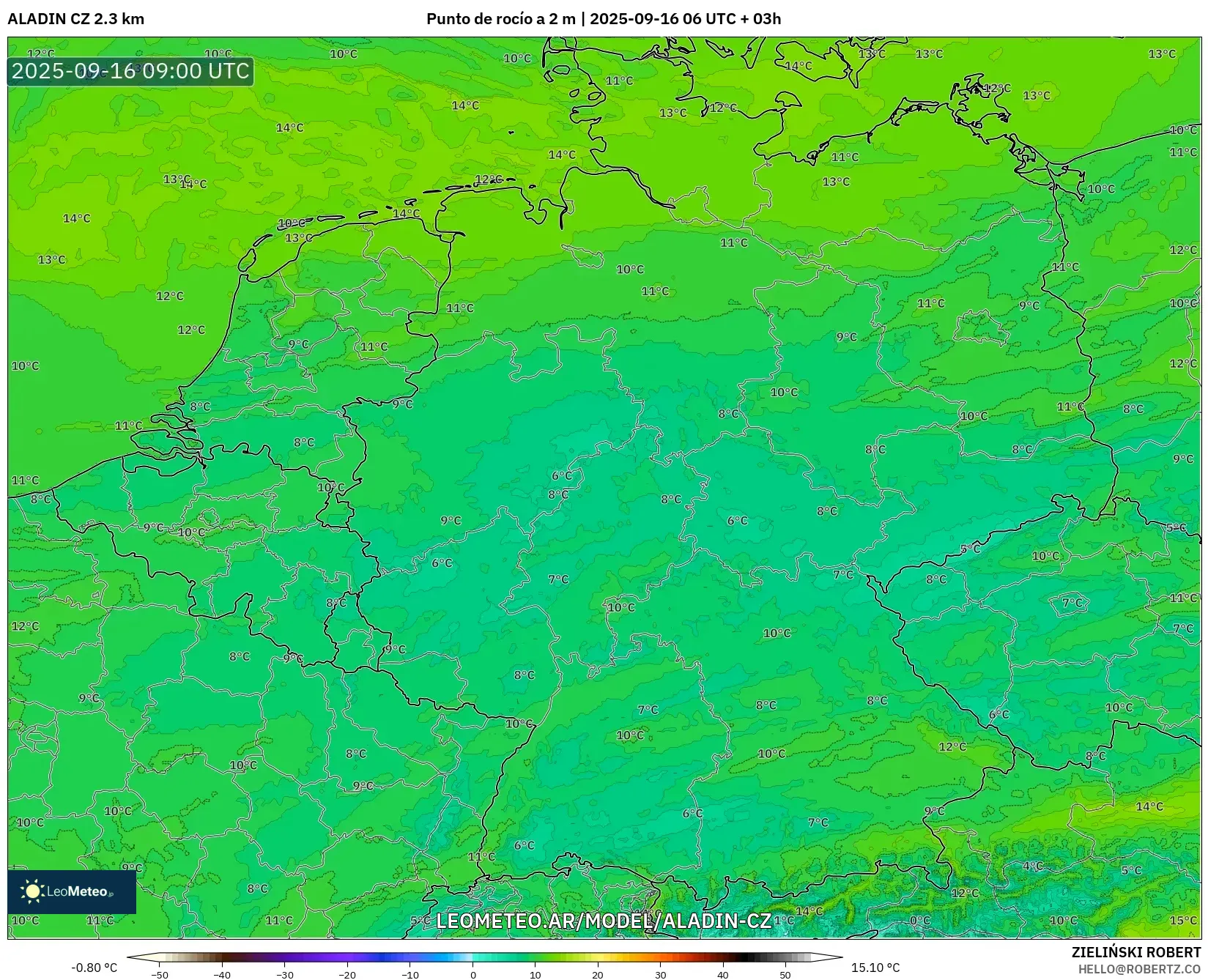 ALADIN CZ 2.3 km model - Alemania, Punto de rocío a 2 m