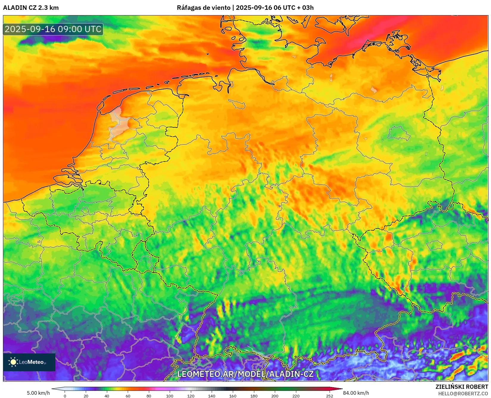 ALADIN CZ 2.3 km model - Alemania, Ráfagas de viento