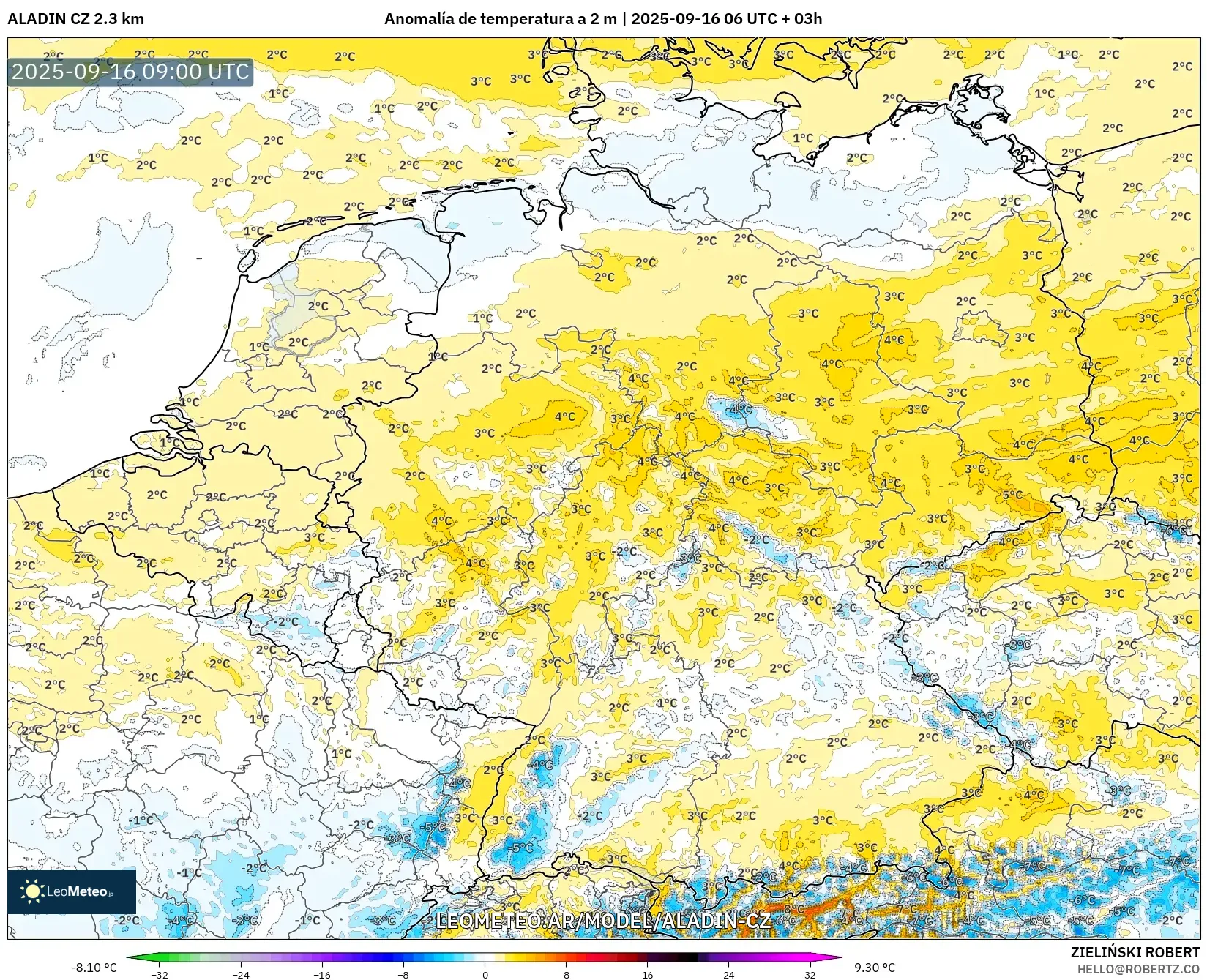 ALADIN CZ 2.3 km model - Alemania, Anomalía de temperatura a 2 m
