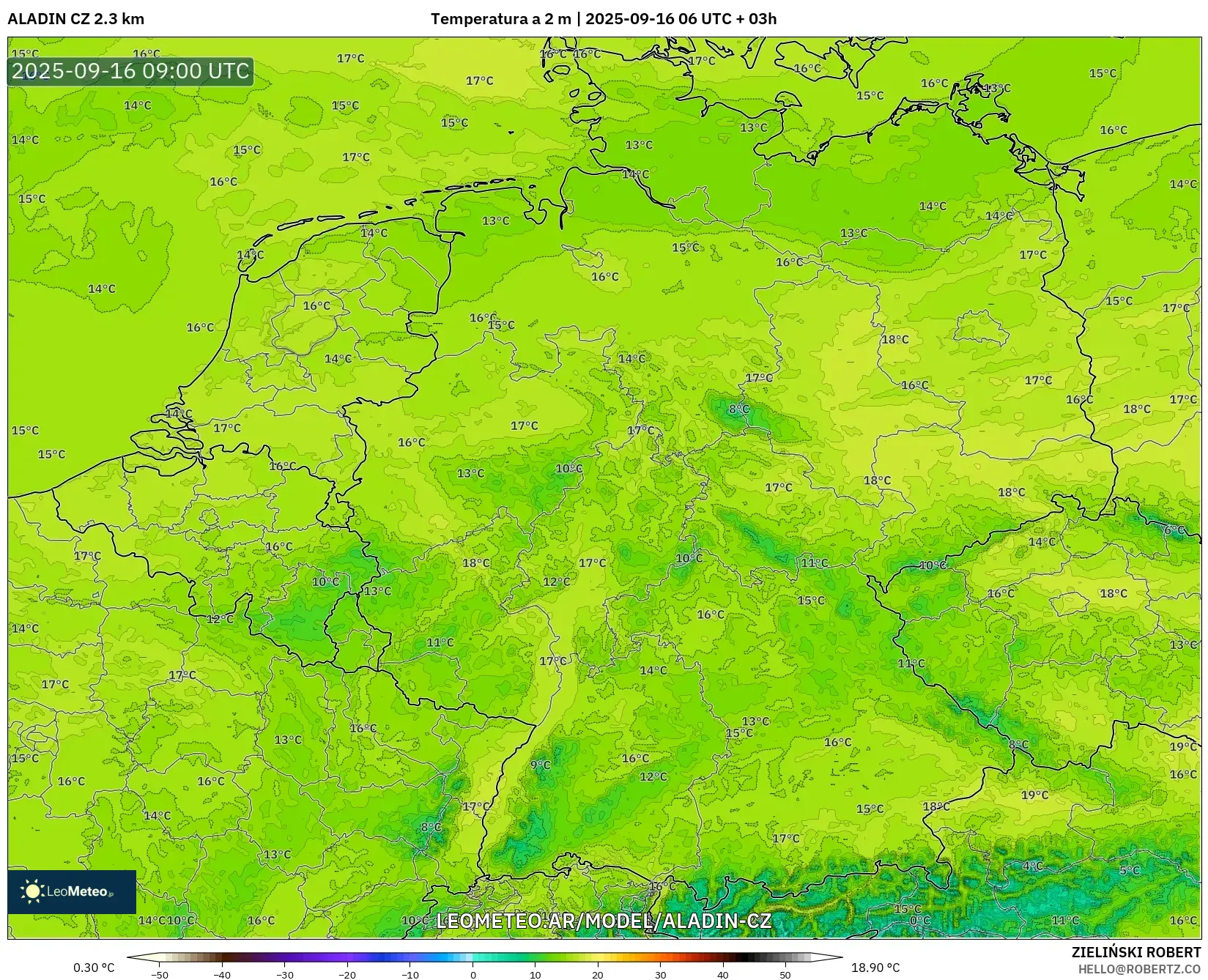 ALADIN CZ 2.3 km model - Alemania, Temperatura a 2 m