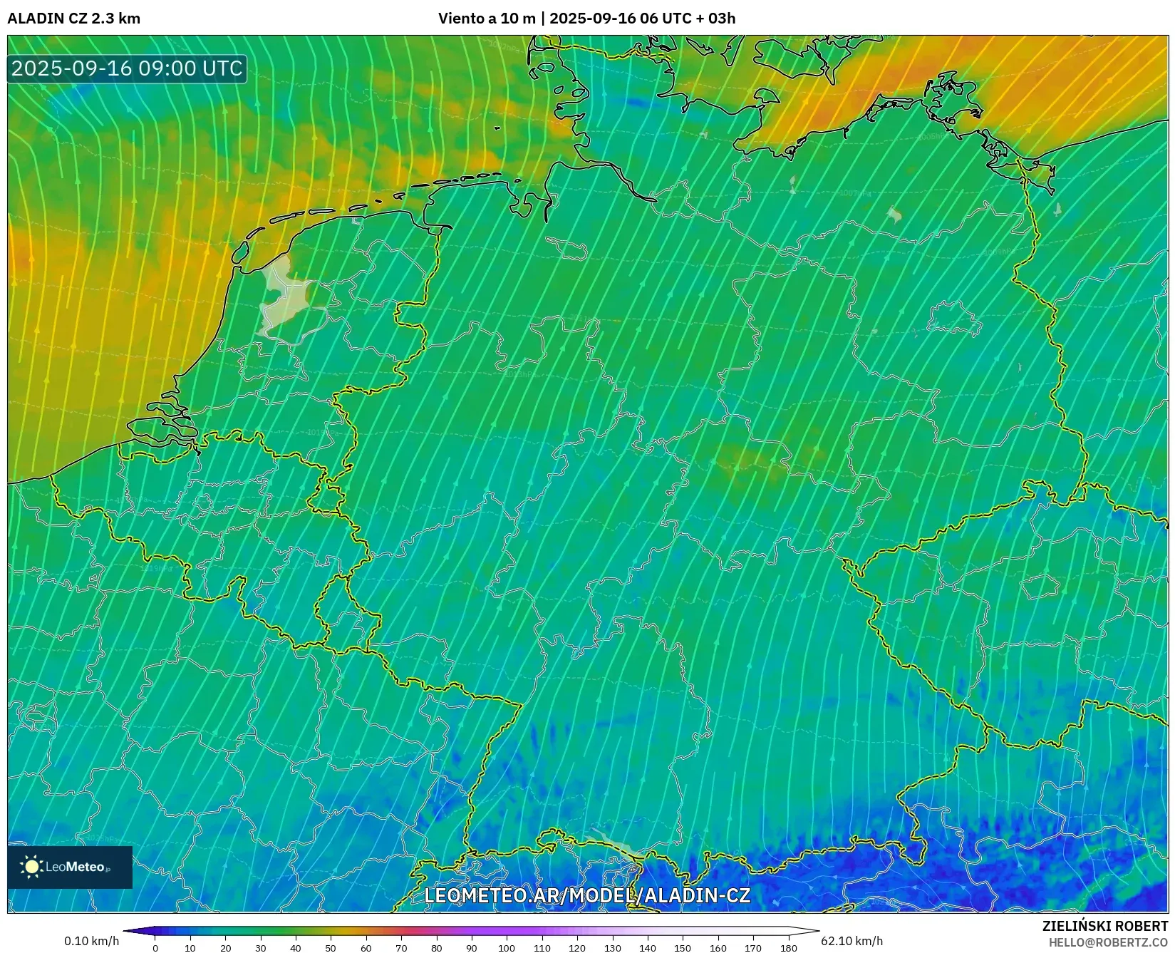 ALADIN CZ 2.3 km model - Alemania, Viento a 10 m