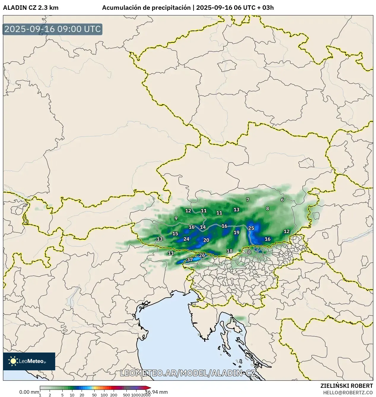 ALADIN CZ 2.3 km model - Austria, Acumulación de precipitación