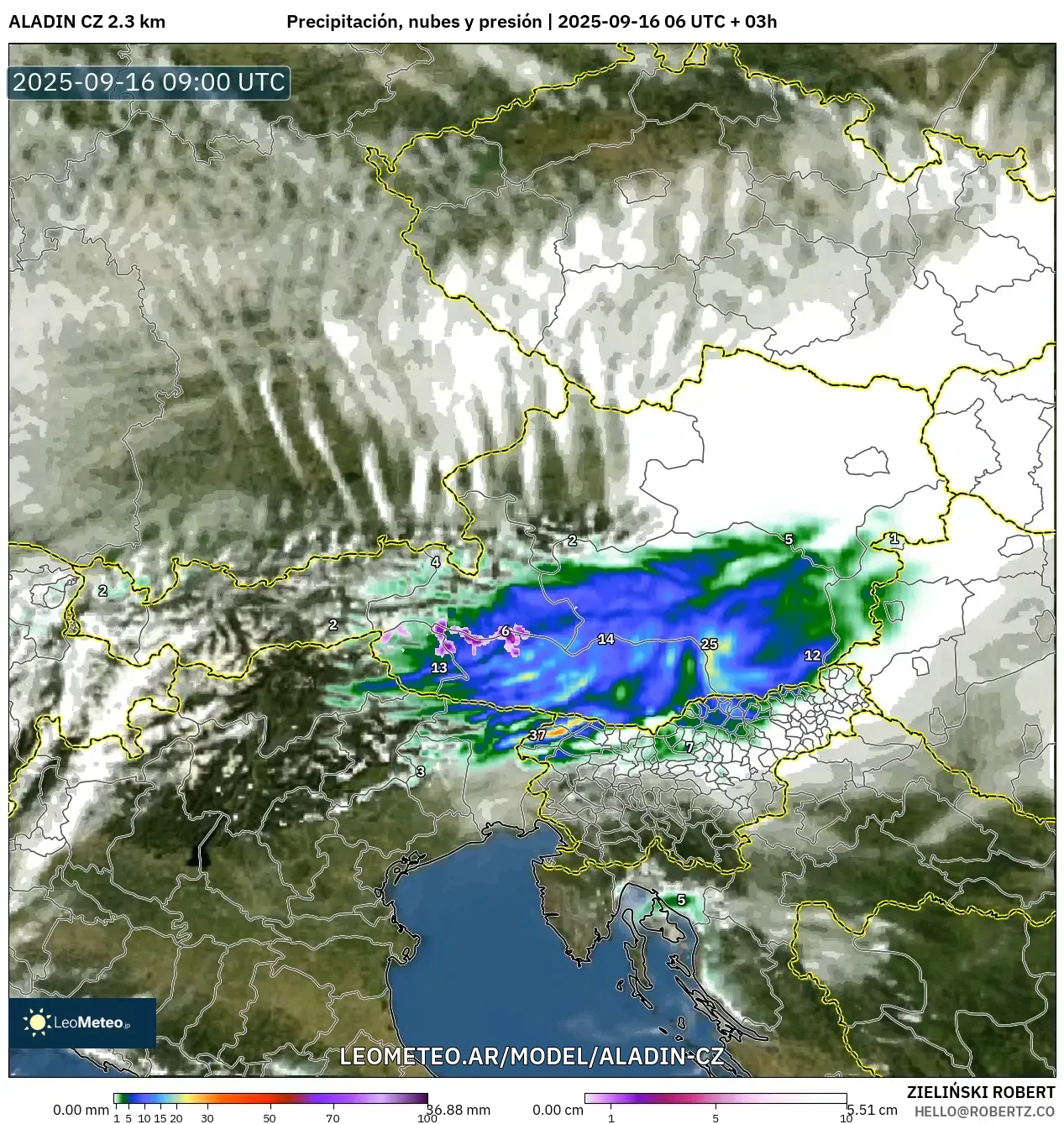 ALADIN CZ 2.3 km model - Austria, Precipitación, nubes y presión
