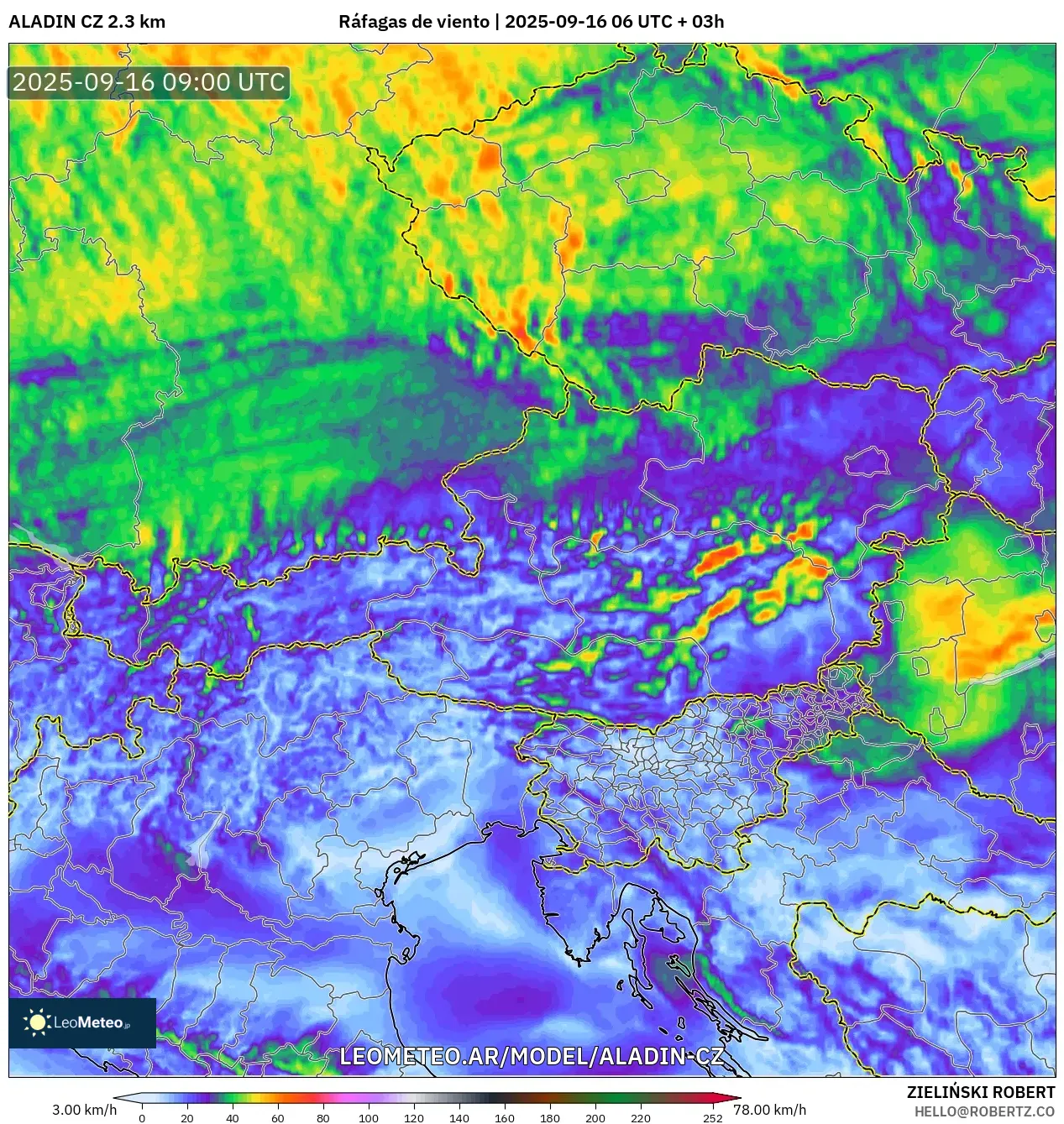 ALADIN CZ 2.3 km model - Austria, Ráfagas de viento