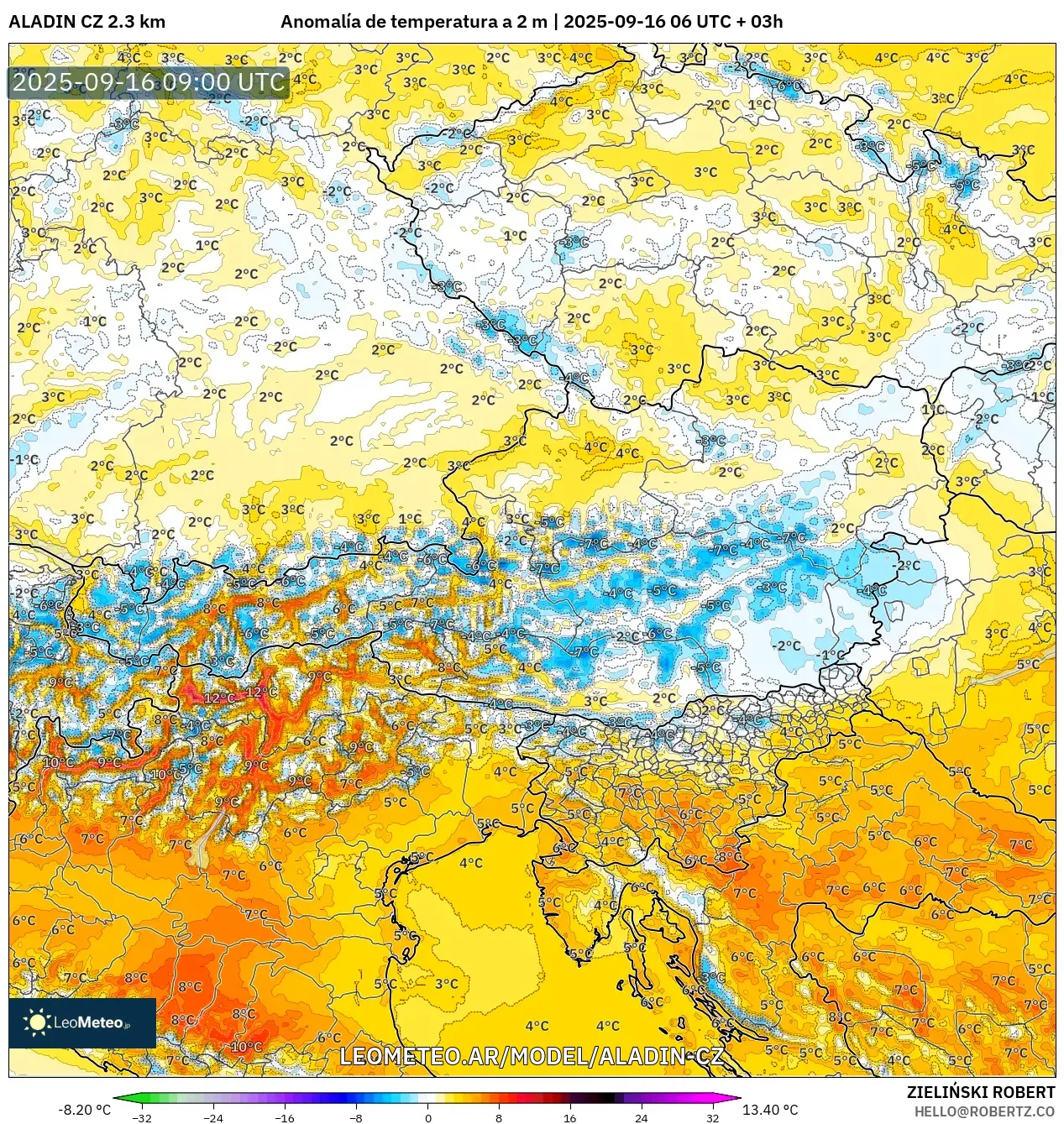 ALADIN CZ 2.3 km model - Austria, Anomalía de temperatura a 2 m ALADIN CZ 2.3 km model - Austria, Anomalía de temperatura a 2 m