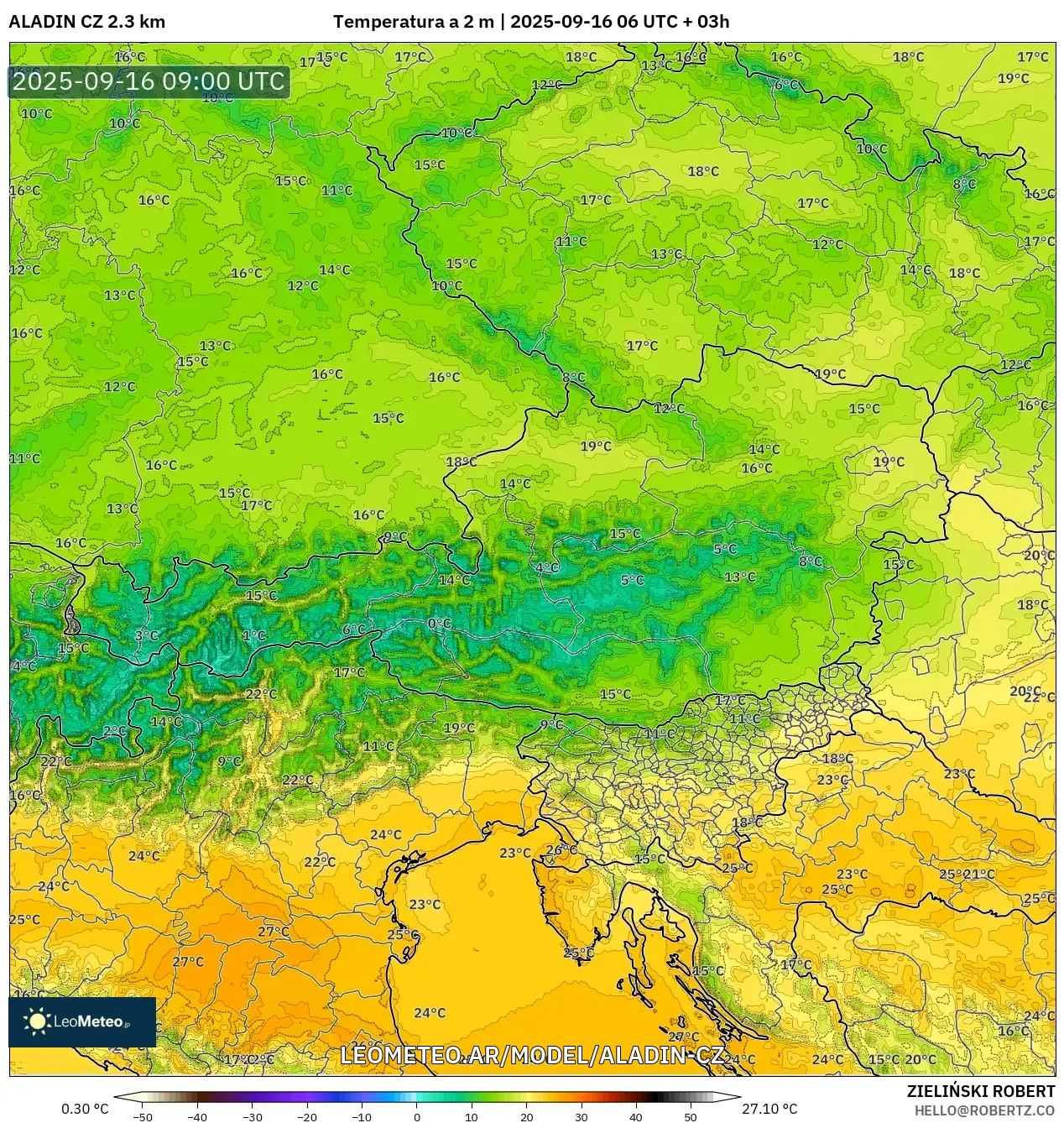 ALADIN CZ 2.3 km model - Austria, Temperatura a 2 m