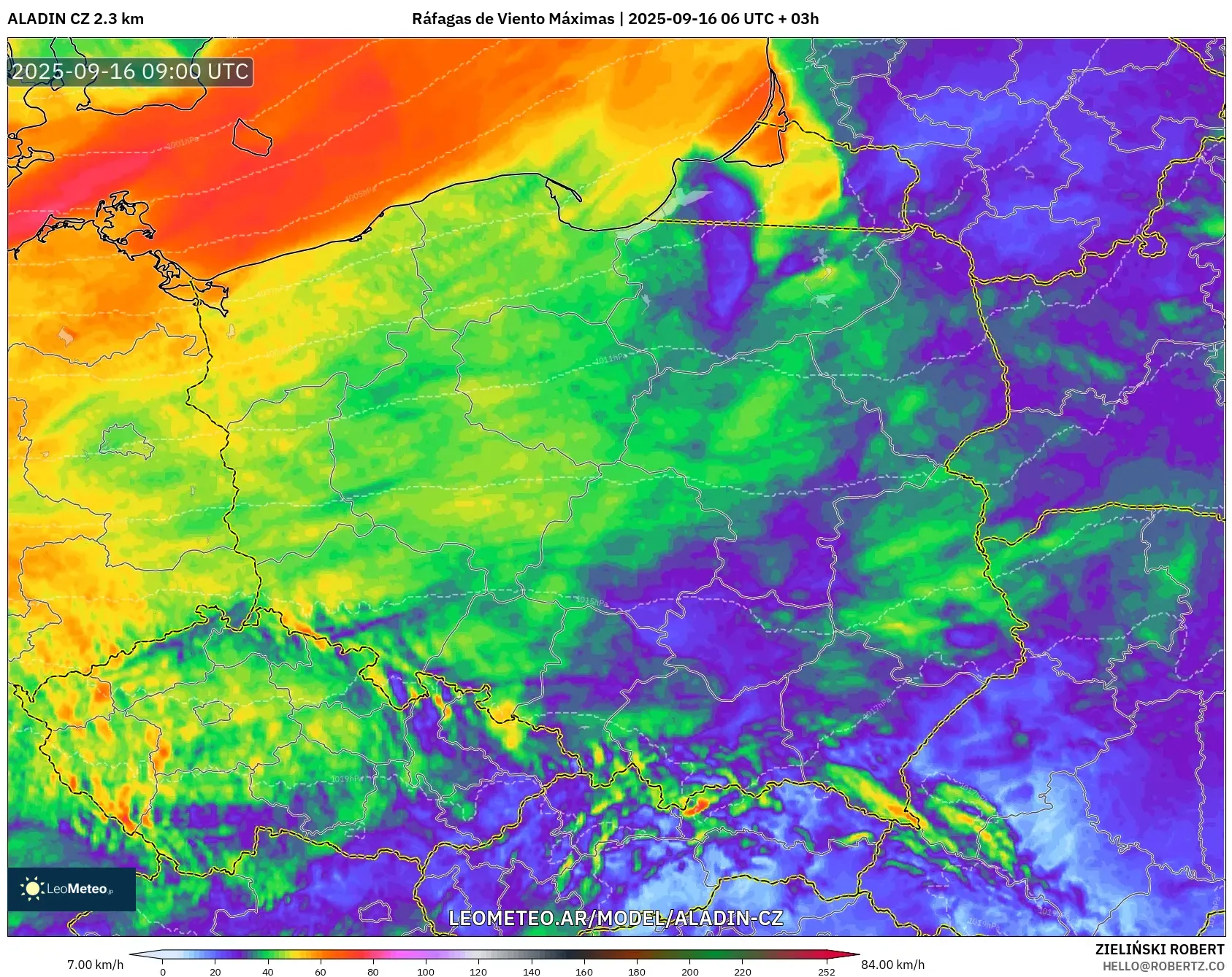 ALADIN CZ 2.3 km model - Polonia, Ráfagas de Viento Máximas