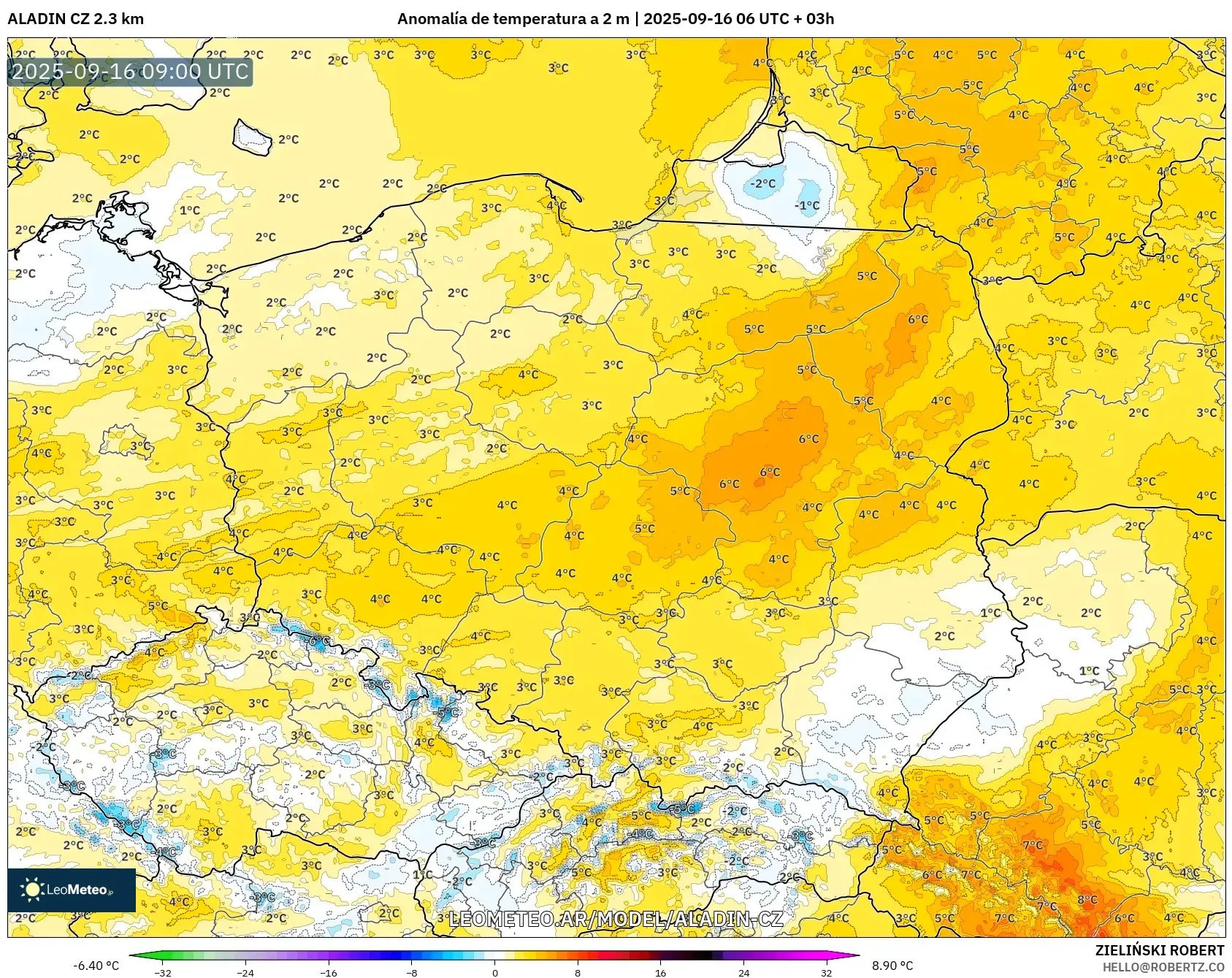 ALADIN CZ 2.3 km model - Polonia, Anomalía de temperatura a 2 m