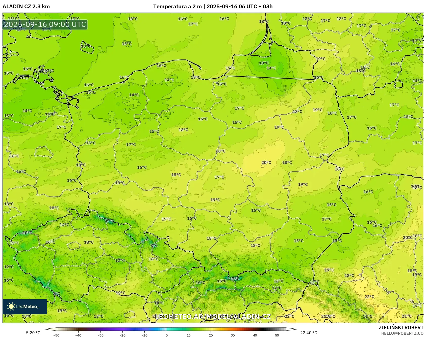 ALADIN CZ 2.3 km model - Polonia, Temperatura a 2 m