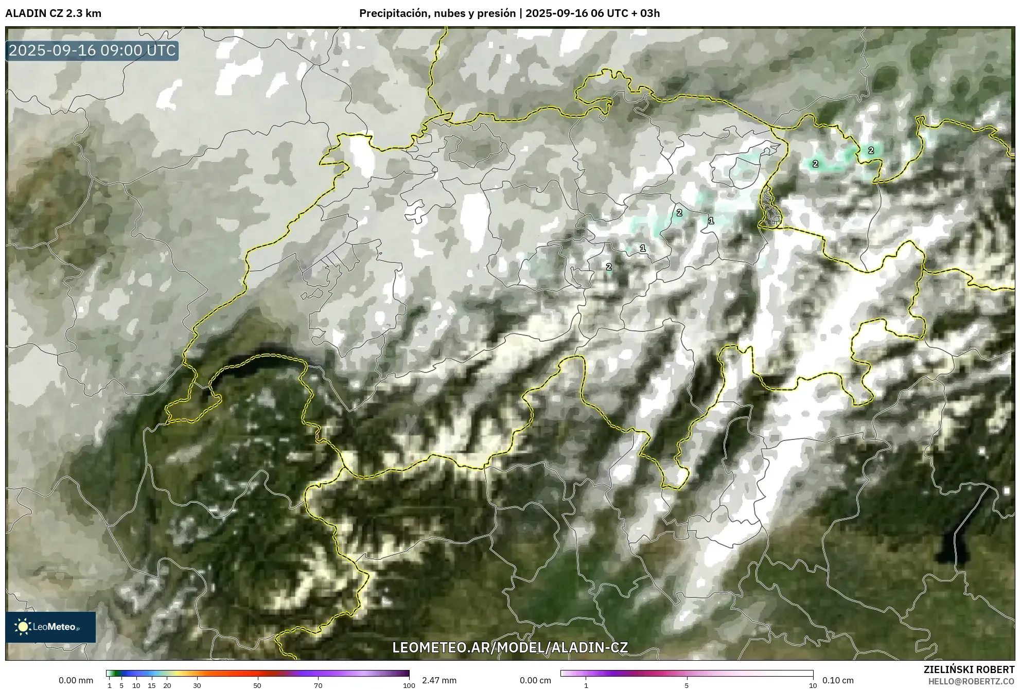 ALADIN CZ 2.3 km model - Suiza, Precipitación, nubes y presión