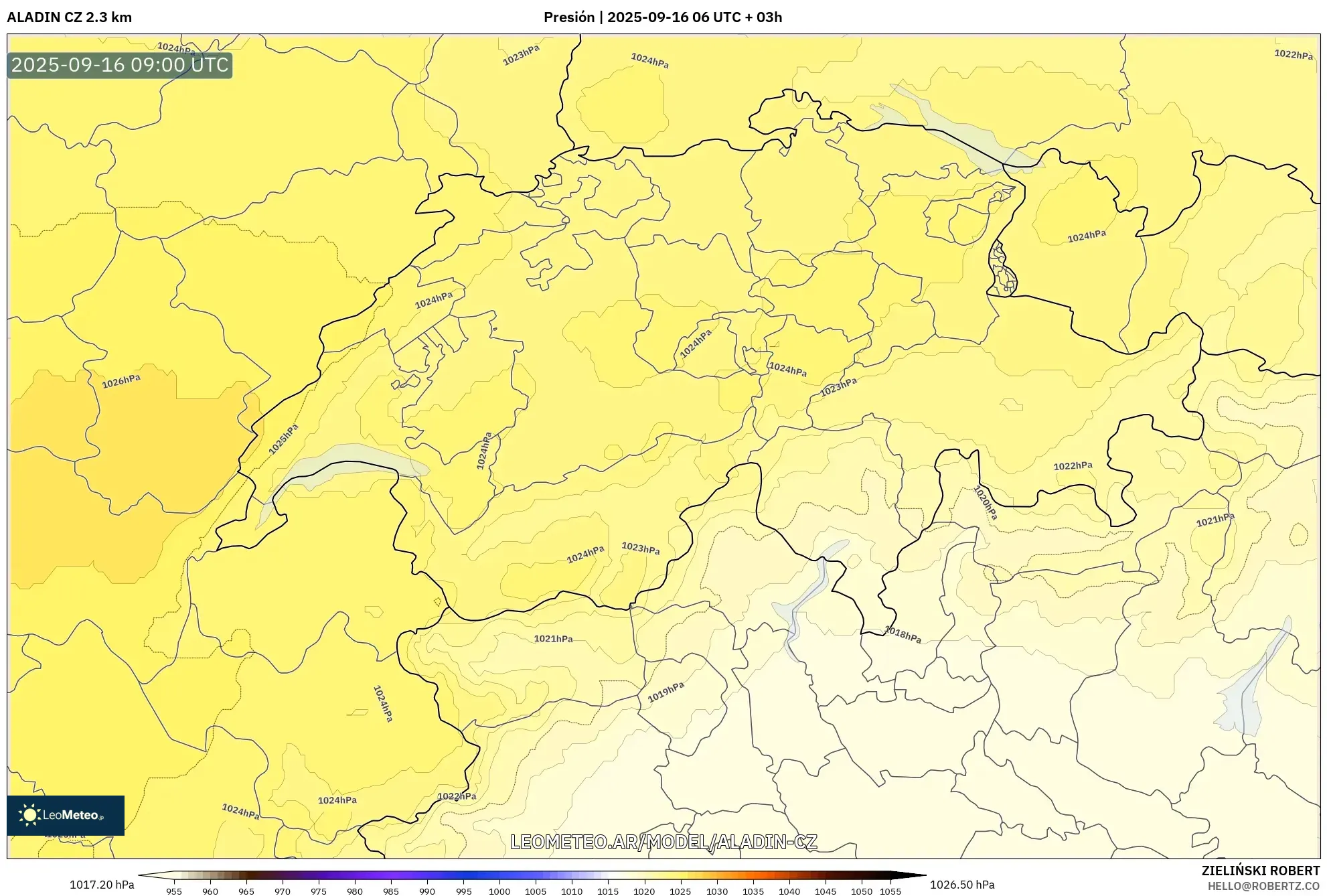 ALADIN CZ 2.3 km model - Suiza, Presión ALADIN CZ 2.3 km model - Suiza, Presión