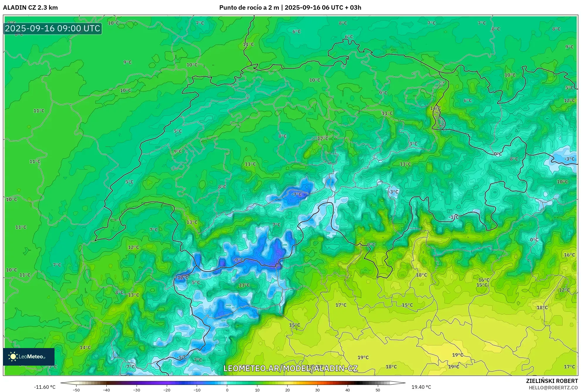 ALADIN CZ 2.3 km model - Suiza, Punto de rocío a 2 m