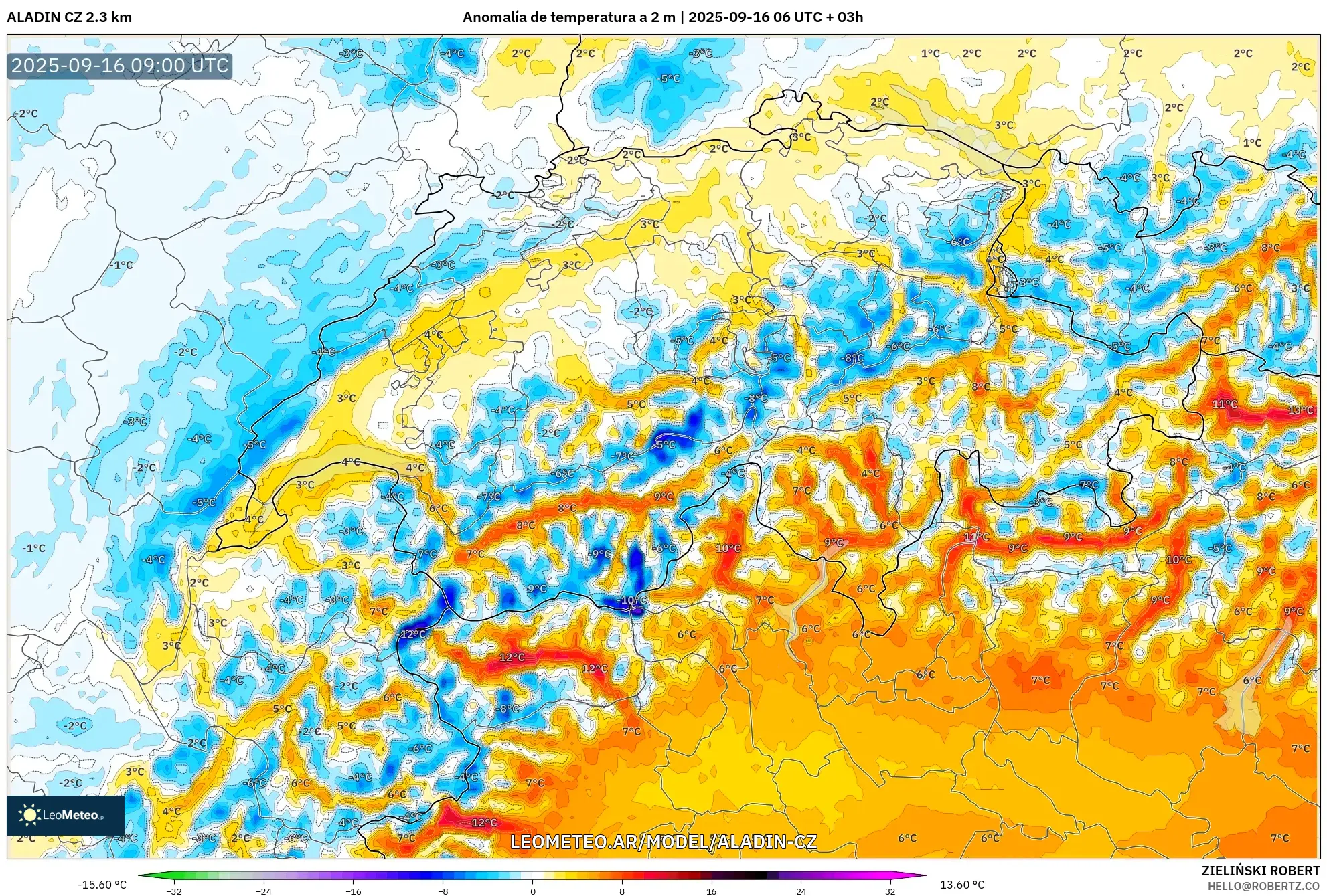 ALADIN CZ 2.3 km model - Suiza, Anomalía de temperatura a 2 m