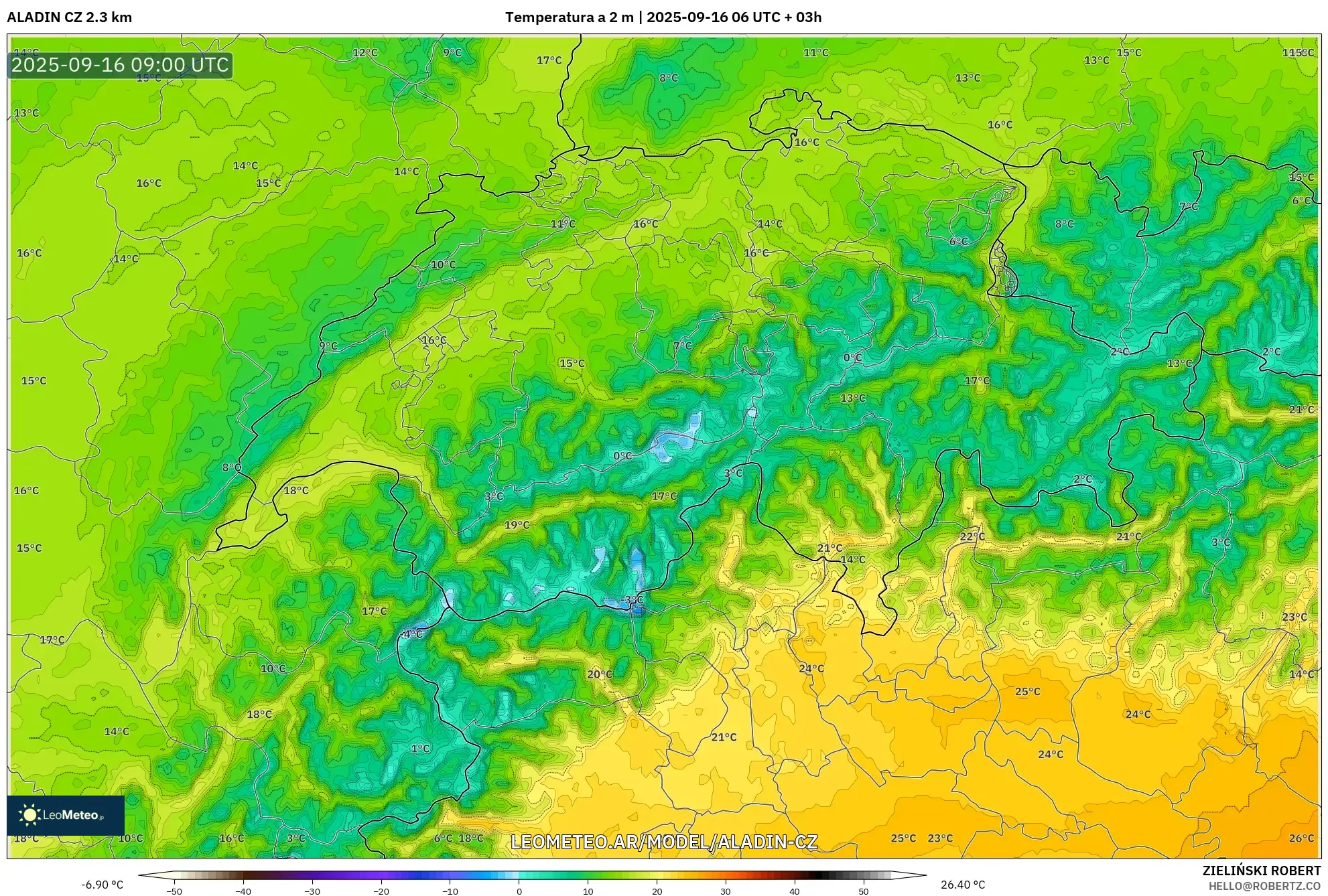 ALADIN CZ 2.3 km model - Suiza, Temperatura a 2 m