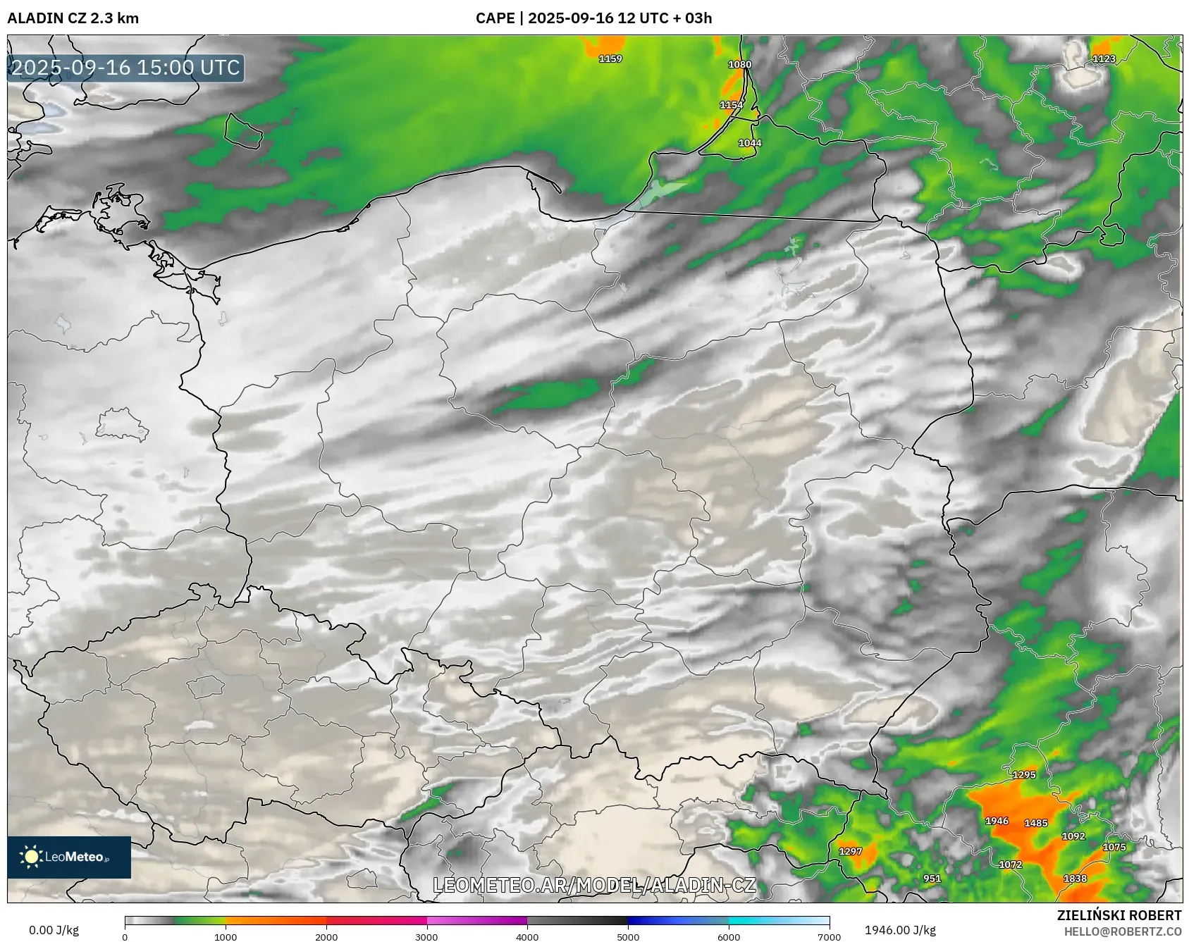 ALADIN CZ 2.3 km model - Polonia, CAPE
