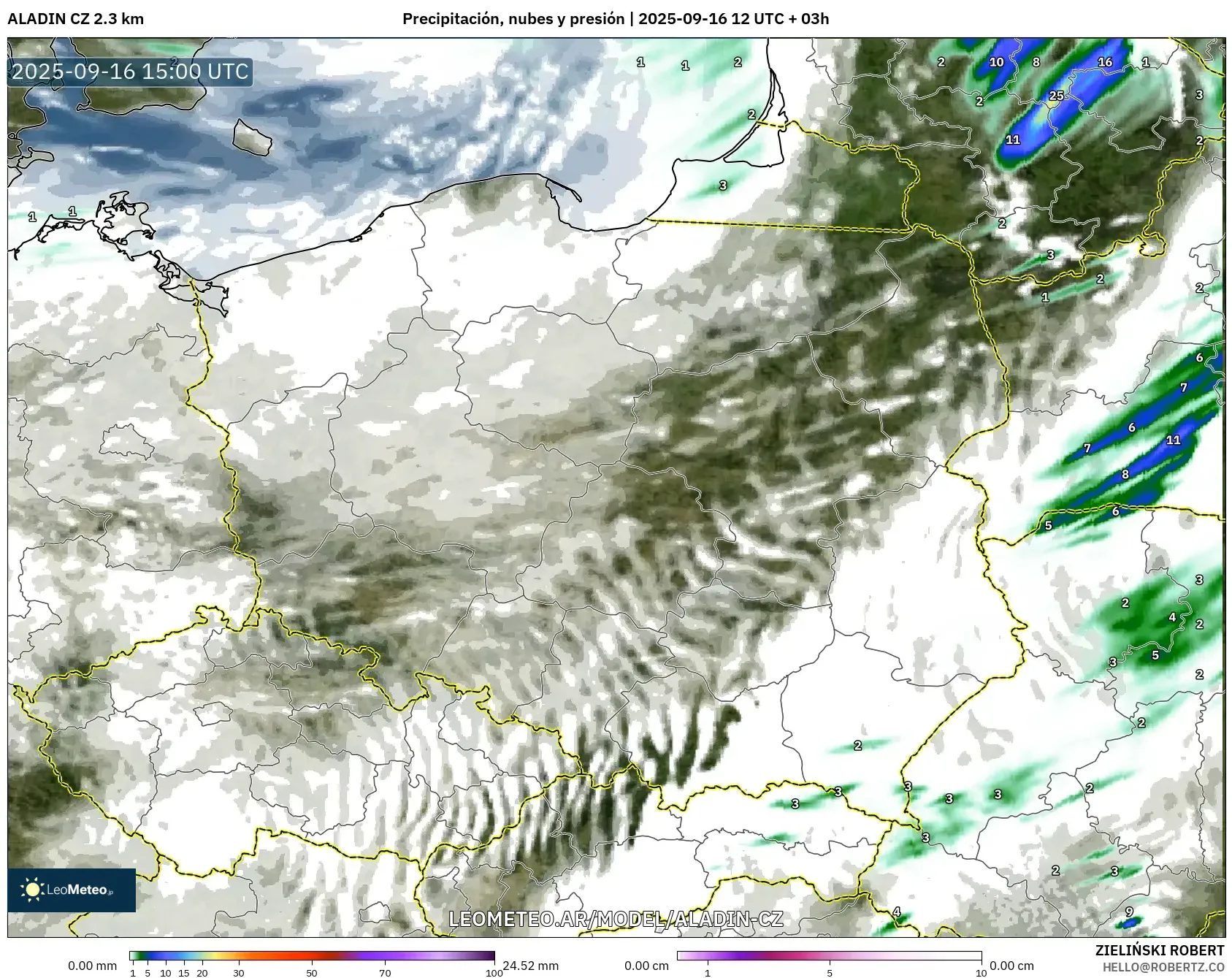 ALADIN CZ 2.3 km model - Polonia, Precipitación, nubes y presión
