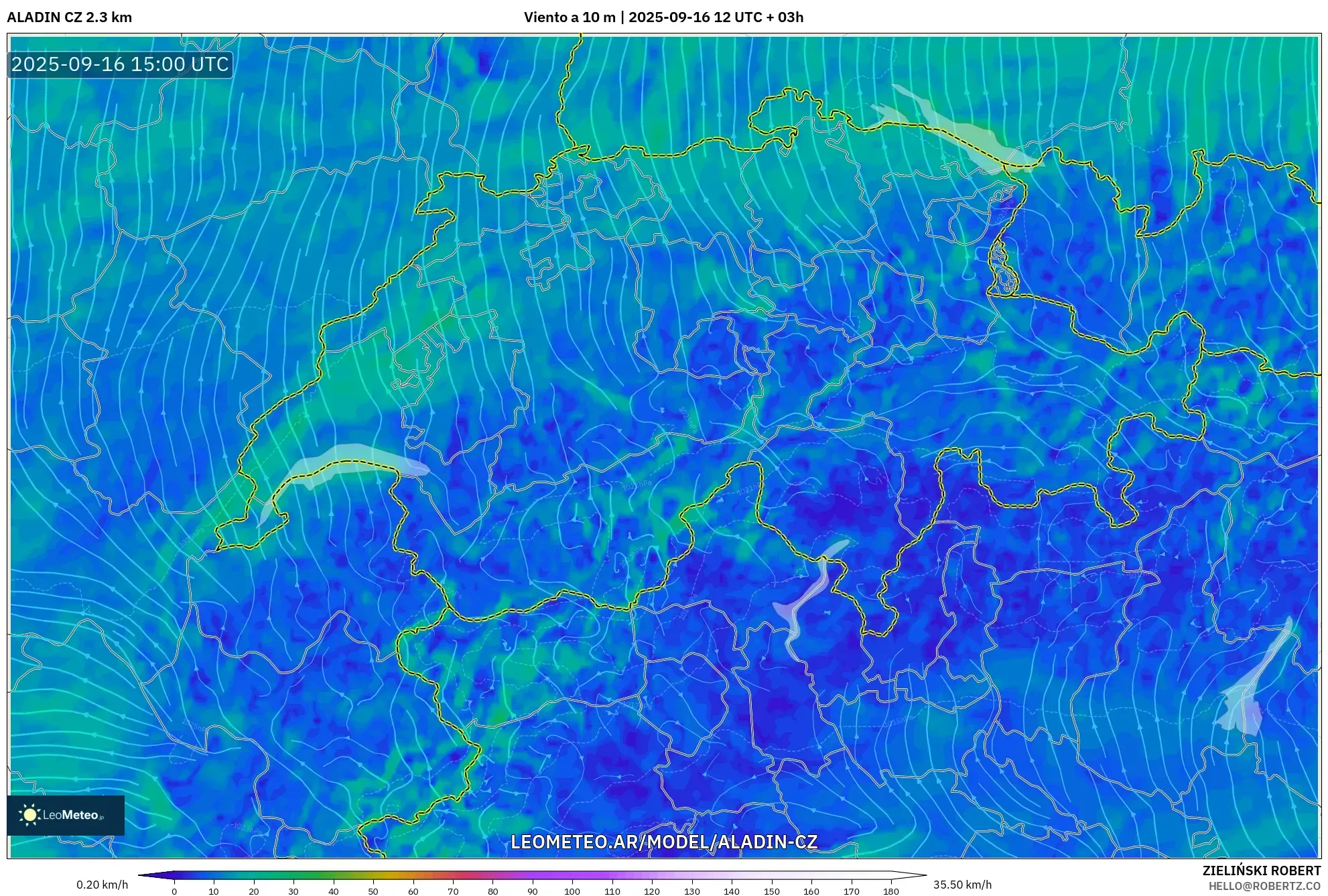ALADIN CZ 2.3 km model - Suiza, Viento a 10 m