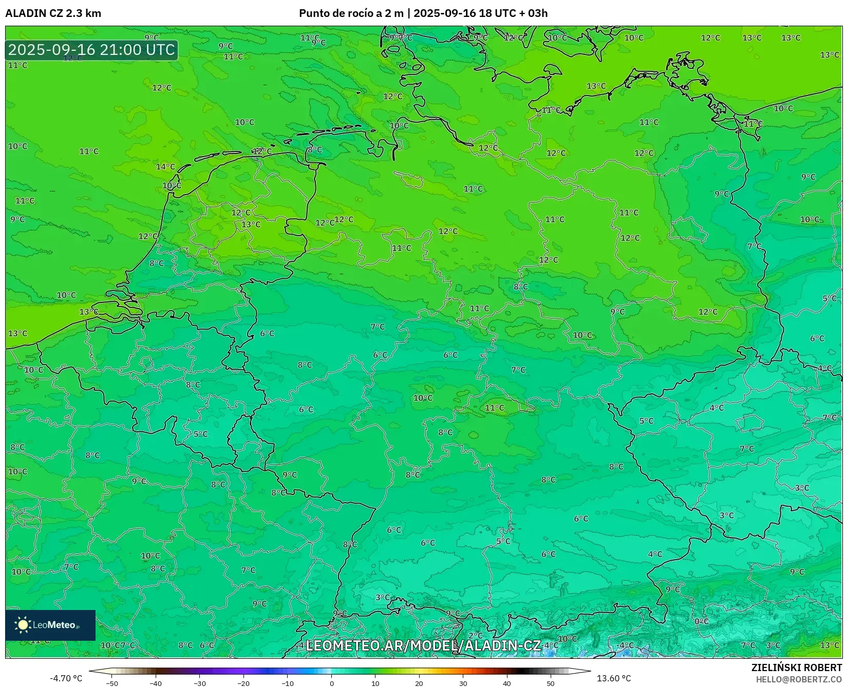 ALADIN CZ 2.3 km model - Alemania, Punto de rocío a 2 m