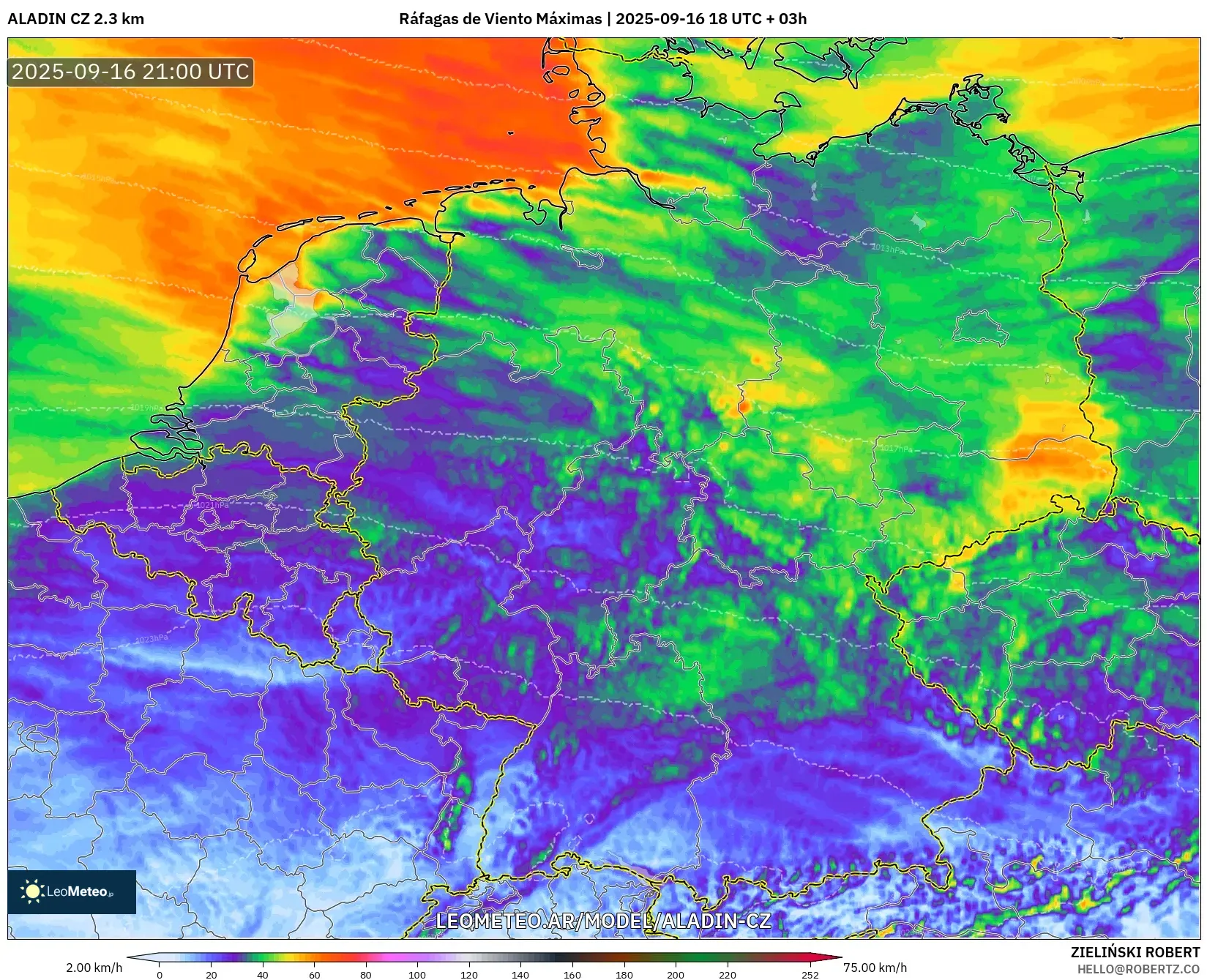 ALADIN CZ 2.3 km model - Alemania, Ráfagas de Viento Máximas ALADIN CZ 2.3 km model - Alemania, Ráfagas de Viento Máximas