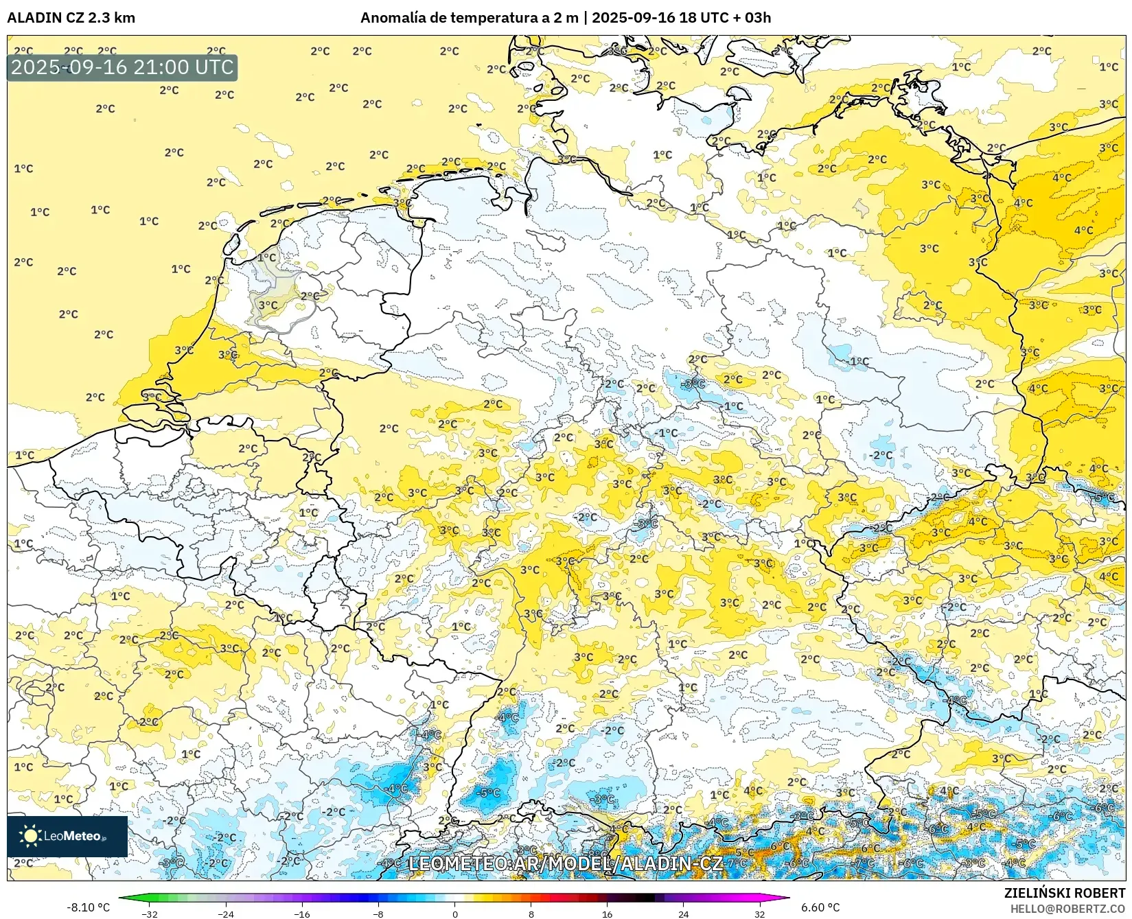 ALADIN CZ 2.3 km model - Alemania, Anomalía de temperatura a 2 m ALADIN CZ 2.3 km model - Alemania, Anomalía de temperatura a 2 m