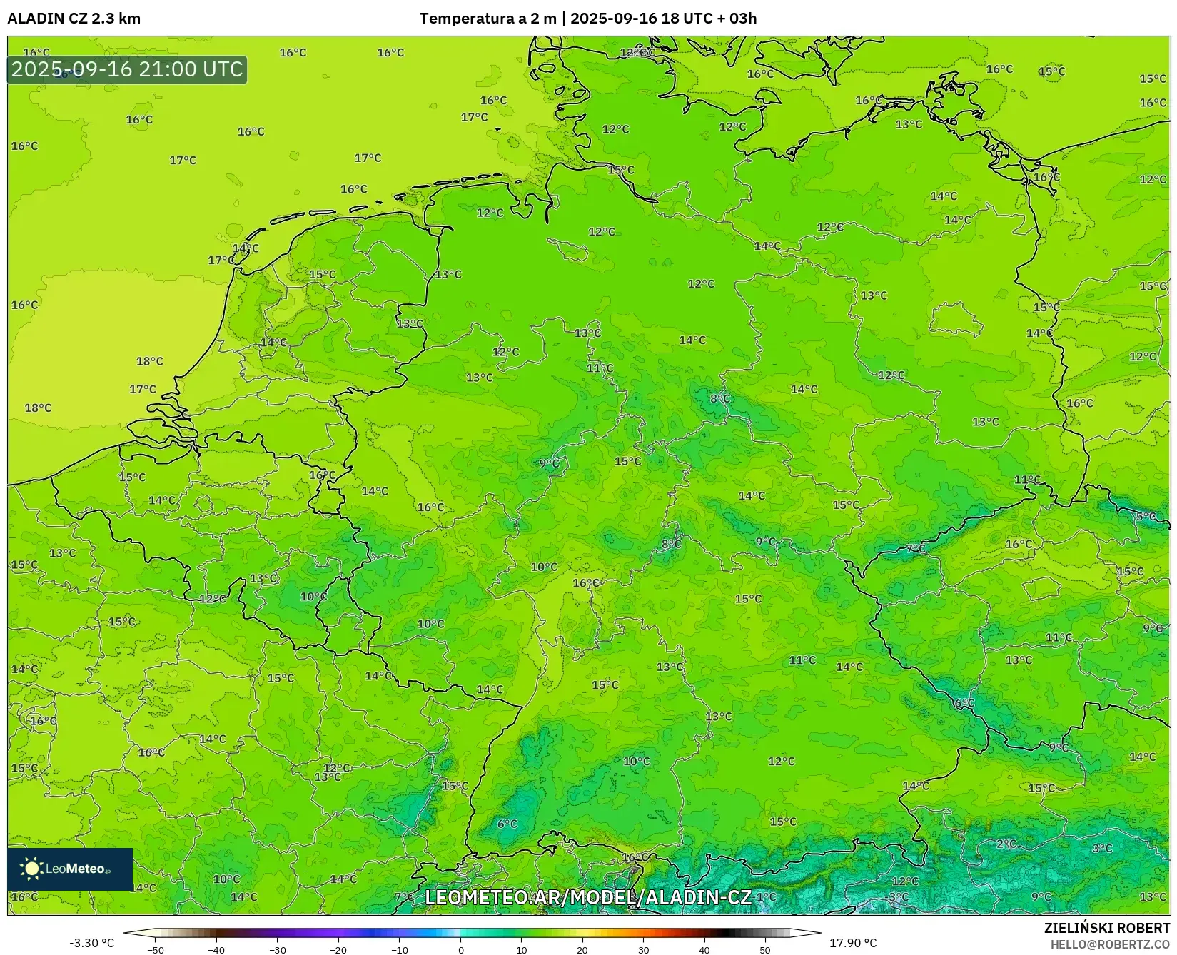 ALADIN CZ 2.3 km model - Alemania, Temperatura a 2 m
