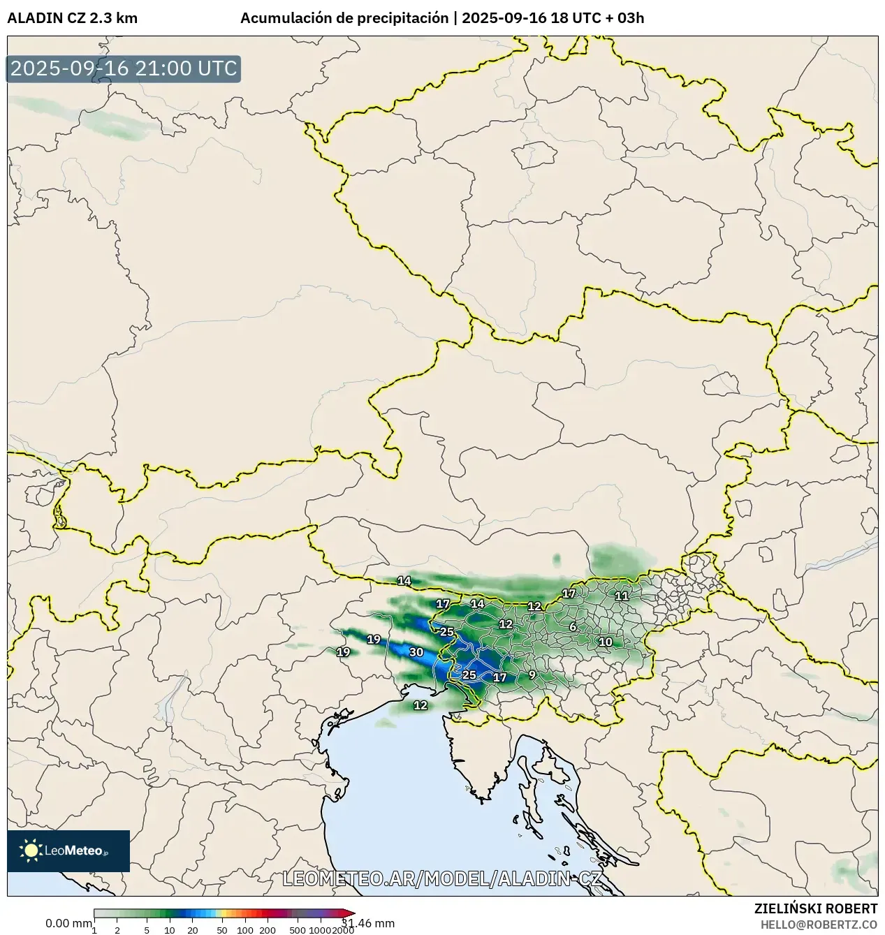 ALADIN CZ 2.3 km model - Austria, Acumulación de precipitación