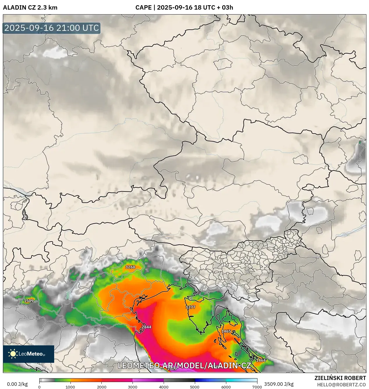 ALADIN CZ 2.3 km model - Austria, CAPE ALADIN CZ 2.3 km model - Austria, CAPE