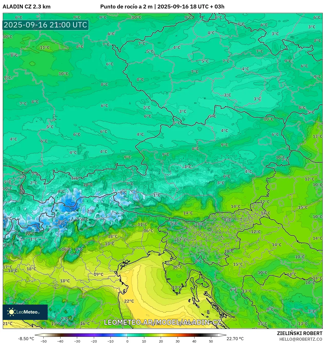 ALADIN CZ 2.3 km model - Austria, Punto de rocío a 2 m