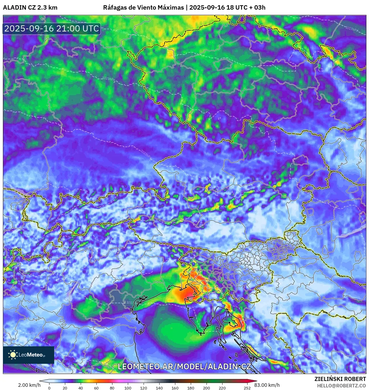 ALADIN CZ 2.3 km model - Austria, Ráfagas de Viento Máximas ALADIN CZ 2.3 km model - Austria, Ráfagas de Viento Máximas