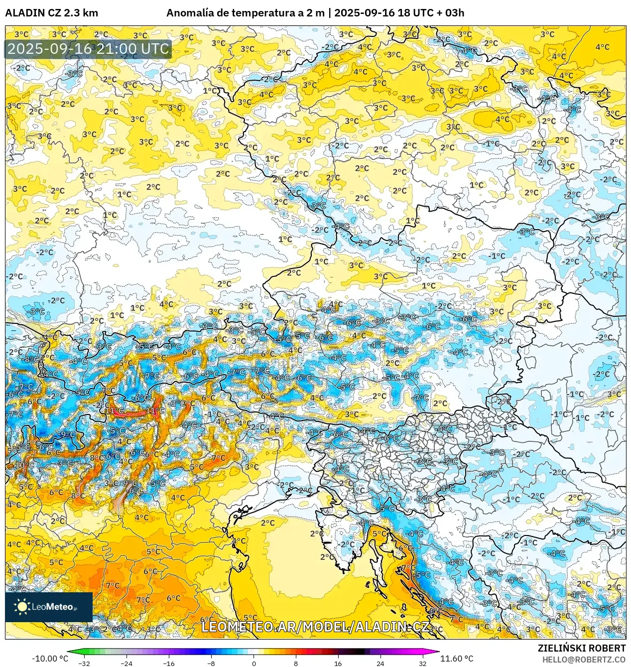 ALADIN CZ 2.3 km model - Austria, Anomalía de temperatura a 2 m