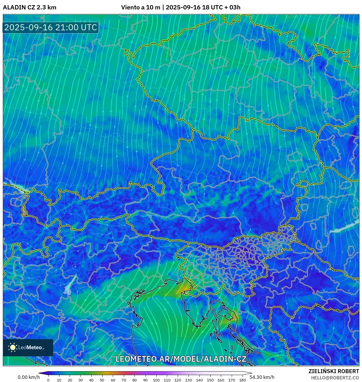 ALADIN CZ 2.3 km model - Austria, Viento a 10 m ALADIN CZ 2.3 km model - Austria, Viento a 10 m