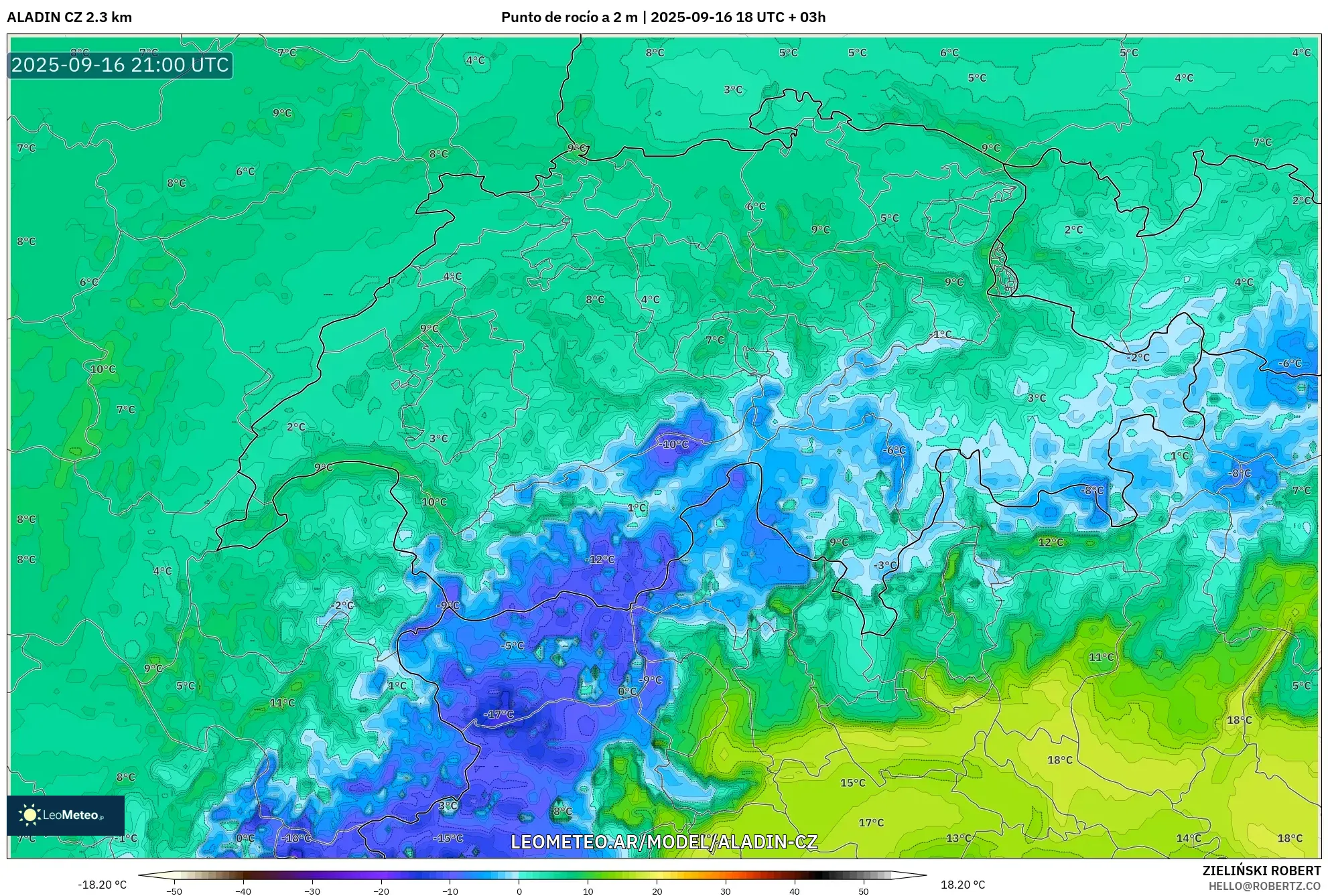 ALADIN CZ 2.3 km model - Suiza, Punto de rocío a 2 m